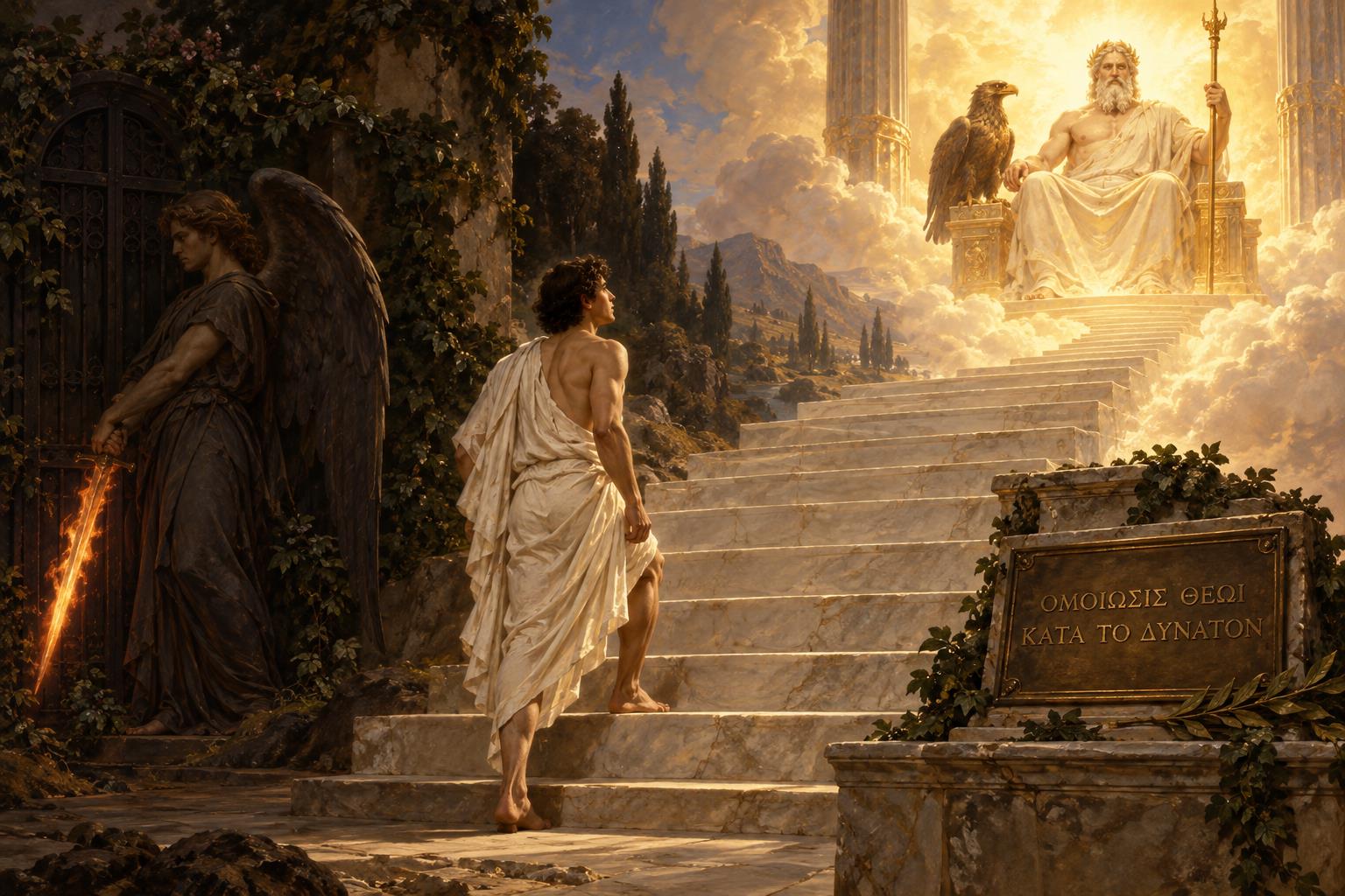 A young man in a white himation sets his foot on the first step of a marble stair rising into golden light toward Zeus enthroned, while behind him an angel with a flaming sword guards a closed garden gate.