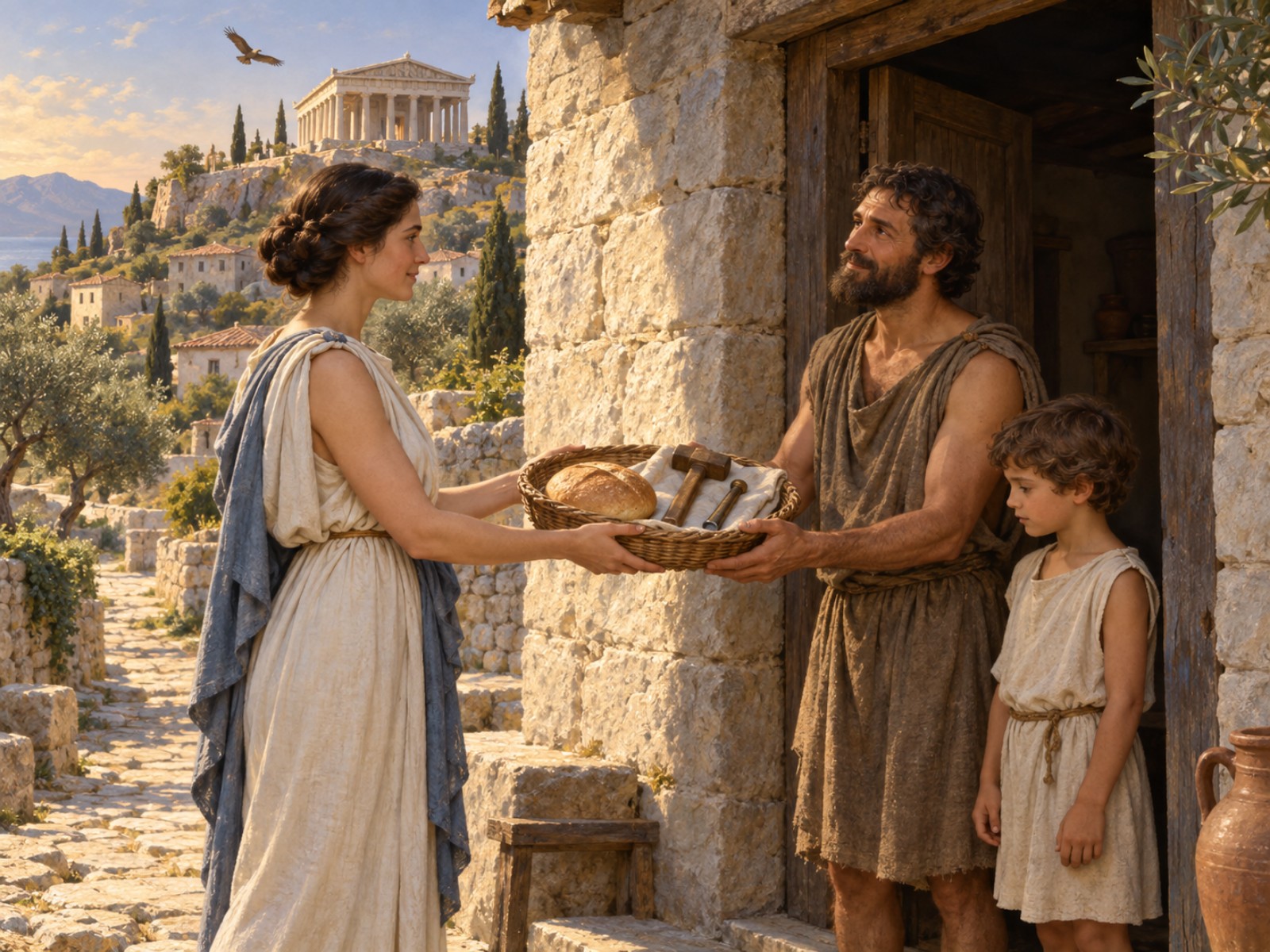 At the door of a stone house a woman hands a loaf of bread and a bundle of carpenter's tools to a man standing on the threshold with his young son, while a small temple of Zeus on the hill behind them catches the late golden sun.