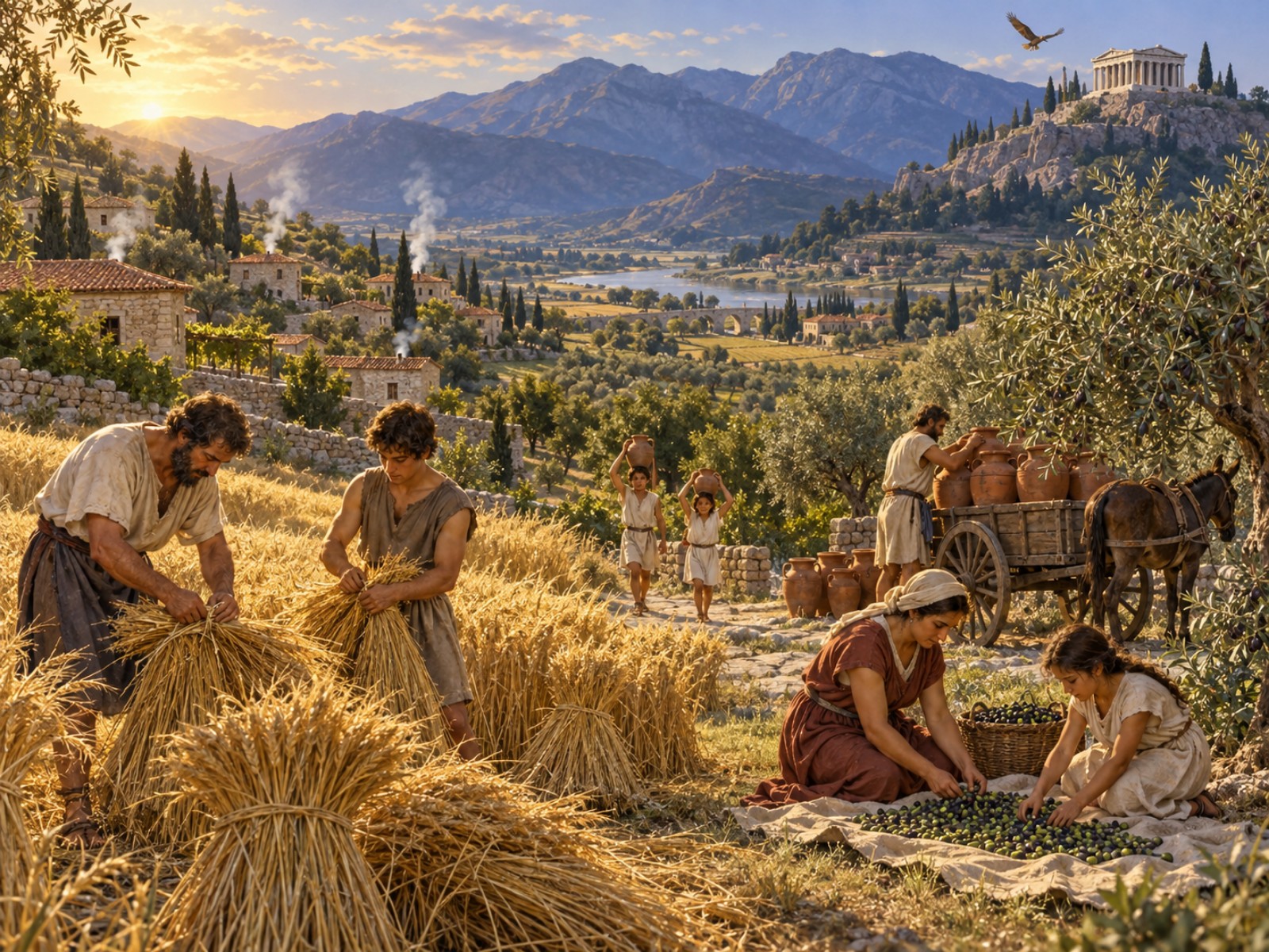 A wide valley at harvest where several families work their own fields and orchards, a potter loads jars onto a cart, and a small temple of Zeus stands white on the ridge above them.