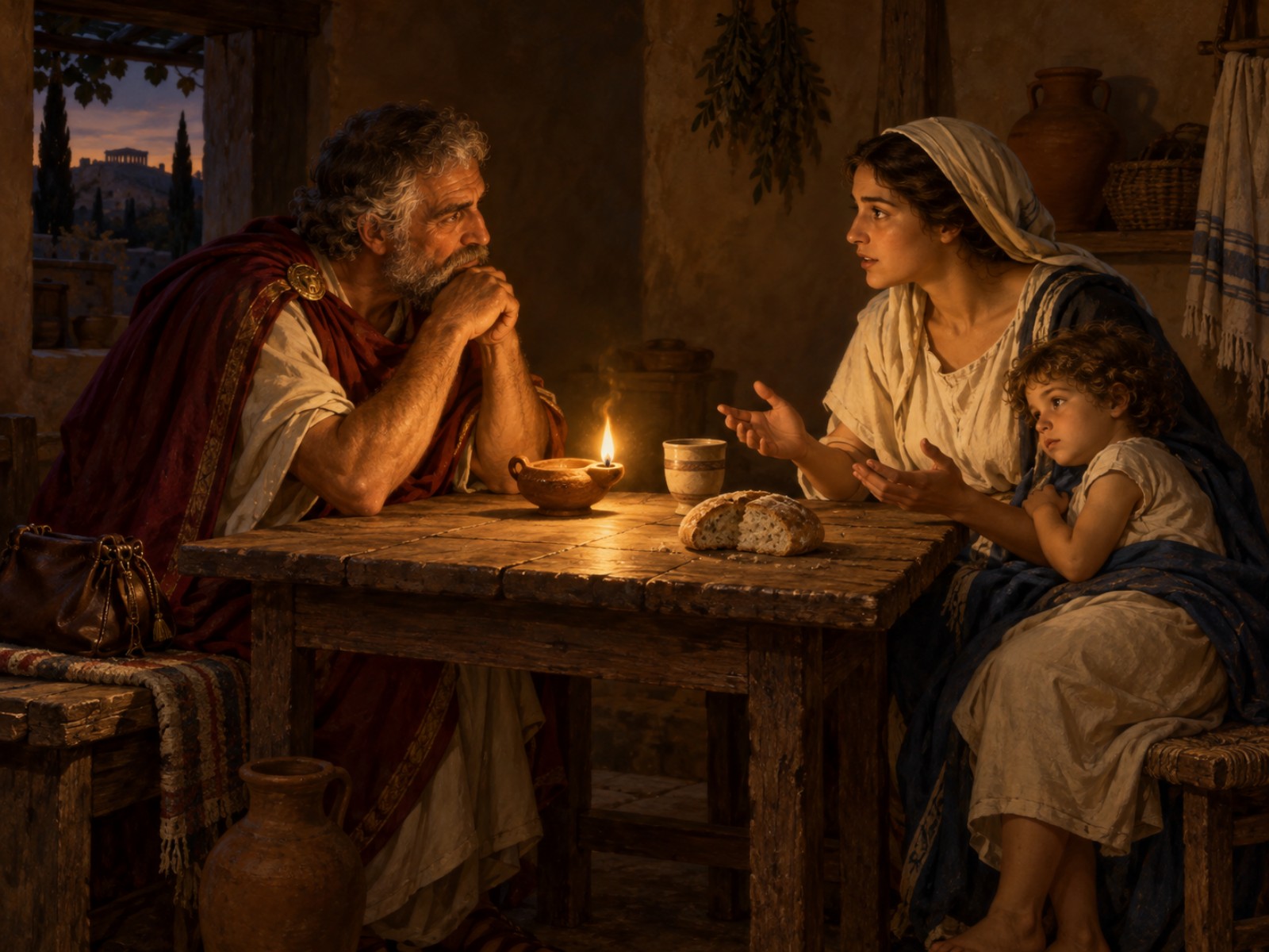 In a humble home at evening an older man leans across a wooden table to listen to a young mother with a child at her side, his purse set aside unopened beside him, a single oil lamp lighting their faces.