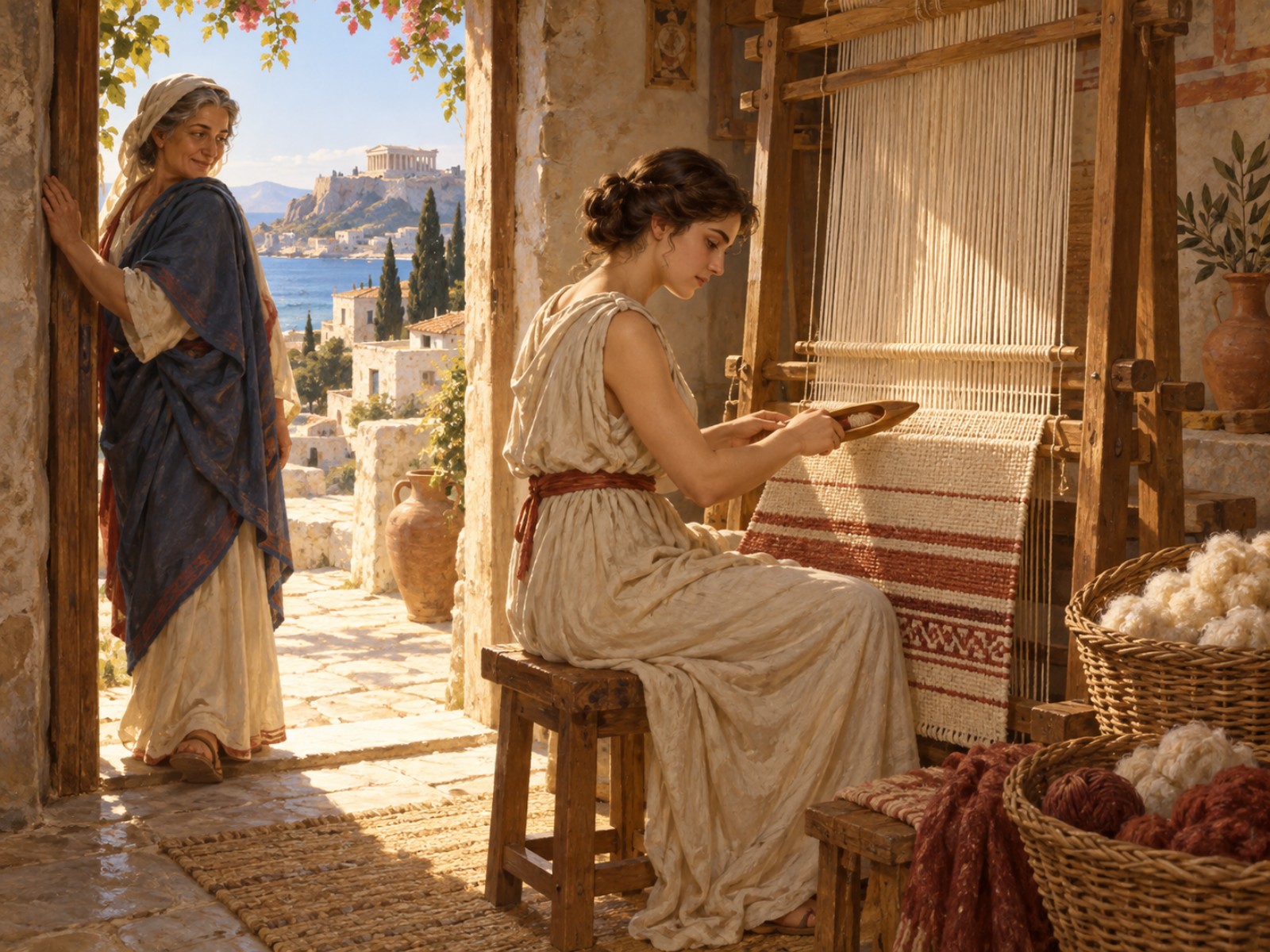 A young woman works at a new upright loom in a bright workshop while the older woman who brought it stands in the doorway behind her, half turned to leave, looking back with quiet satisfaction.