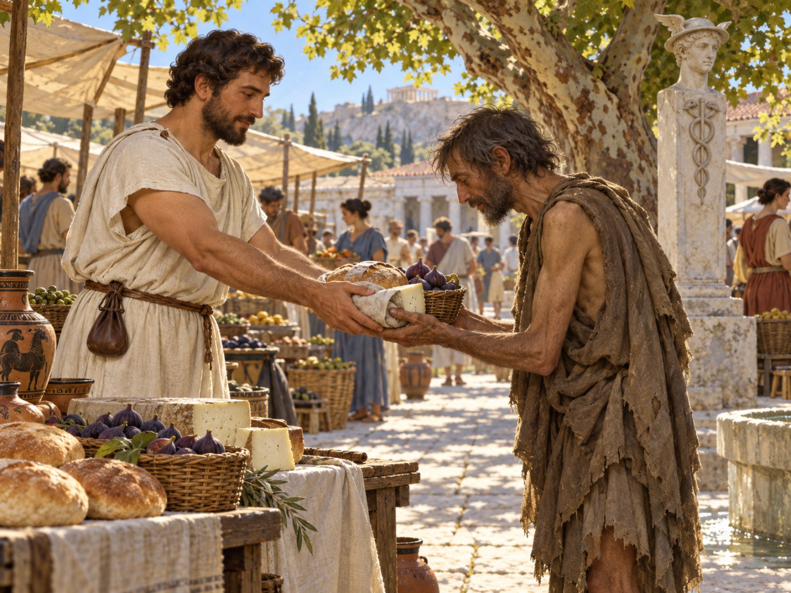 In a Greek marketplace a merchant hands a wrapped loaf, cheese, and a basket of figs across his stall to a gaunt man, his own coin purse hanging tied shut and untouched at his belt.