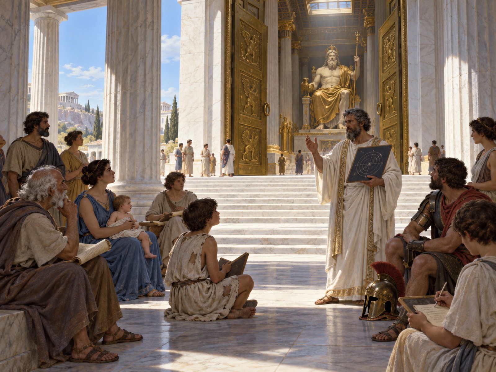 Under the open colonnade of a temple of Zeus, people of every age and condition sit with scrolls and tablets while a priest in white explains a diagram drawn on a slate; the doors stand open to the street with no barrier and no coin box.