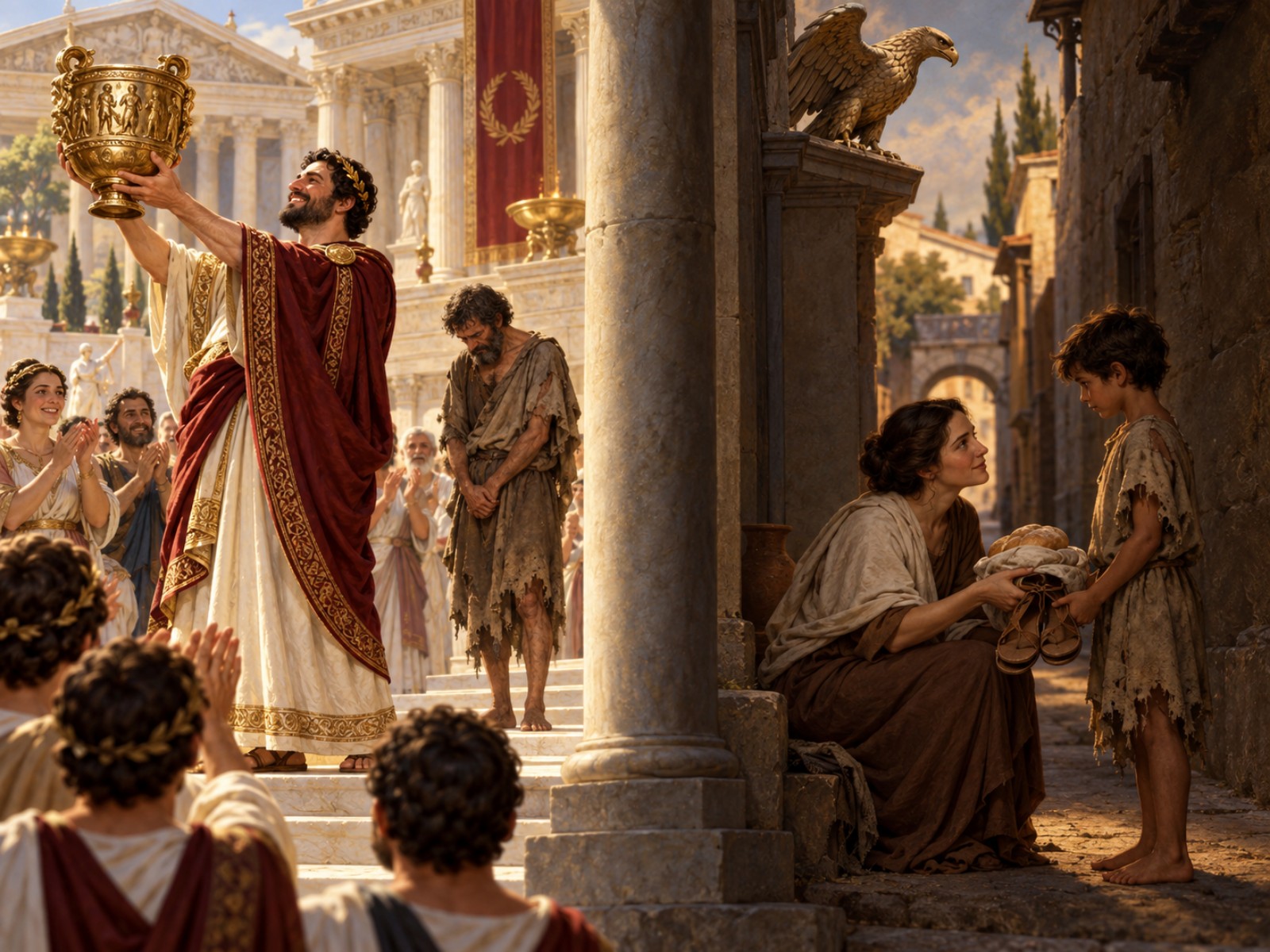 Split by a column: on the left a richly dressed man raises an ornate vessel before an applauding crowd while the recipient stands forgotten behind him; on the right, in a quiet side street, a plainly dressed woman crouches to hand bread and sandals to a barefoot boy, and the eagle of Zeus on the cornice above faces her.