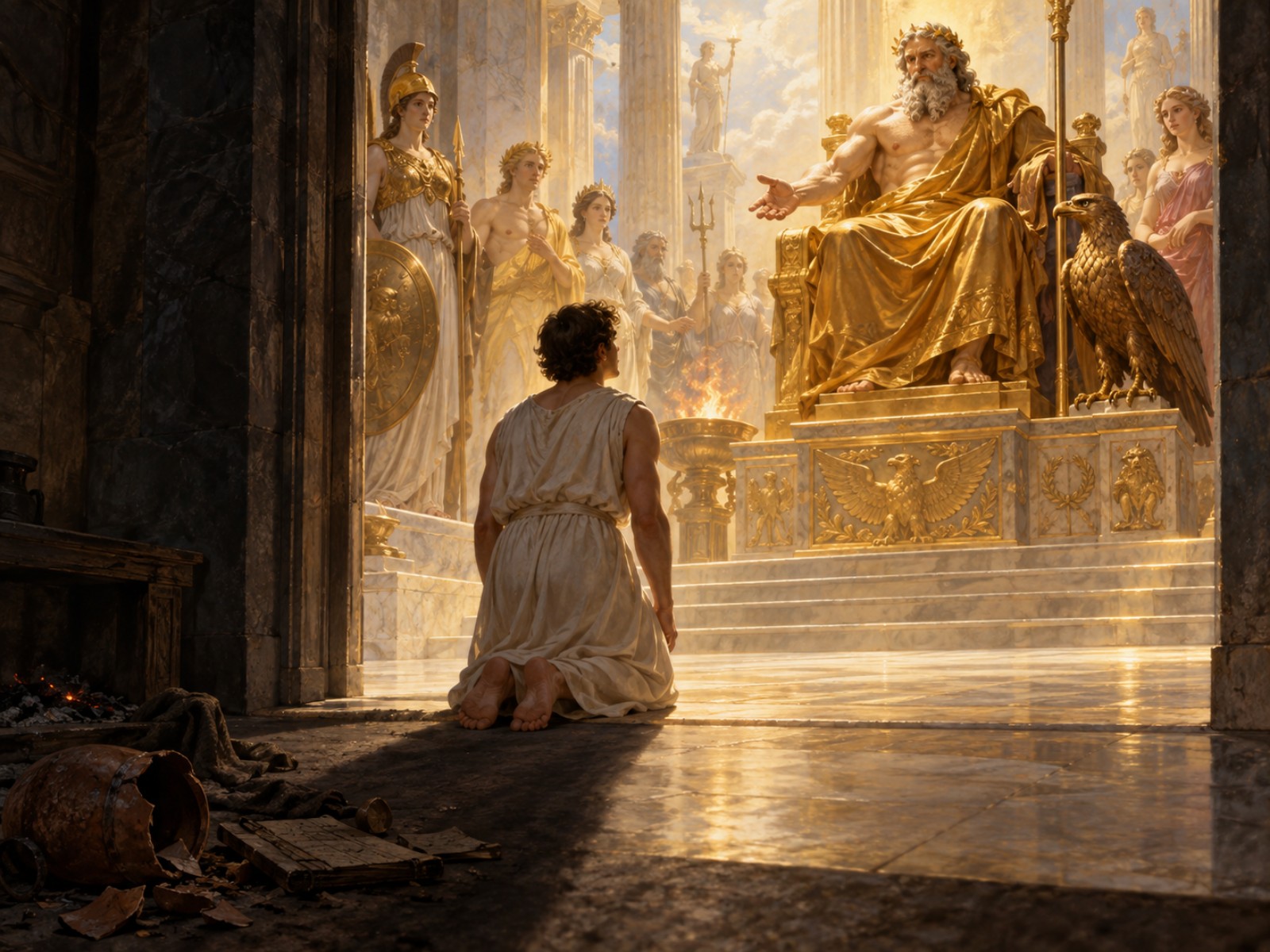 A newly dedicated initiate in a white chiton kneels at the threshold of the marble household of the Gods as Zeus, enthroned in golden light with the eagle beside Him, extends an open hand of welcome; behind the initiate, in shadow, lie the traces of the life he came from.