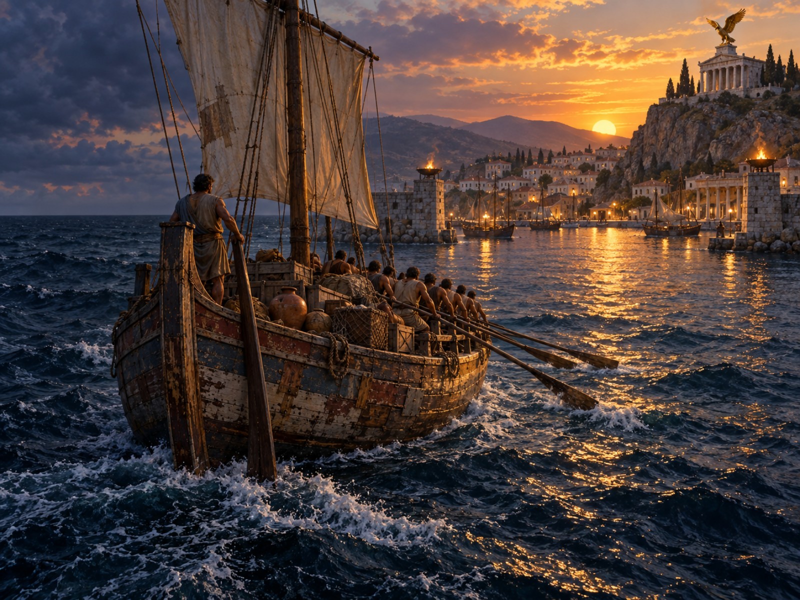 A weathered ancient galley with a damaged hull and disordered cargo turns its bow toward a lamplit harbor at dusk, a small shrine of Zeus with a bronze eagle standing on the headland.