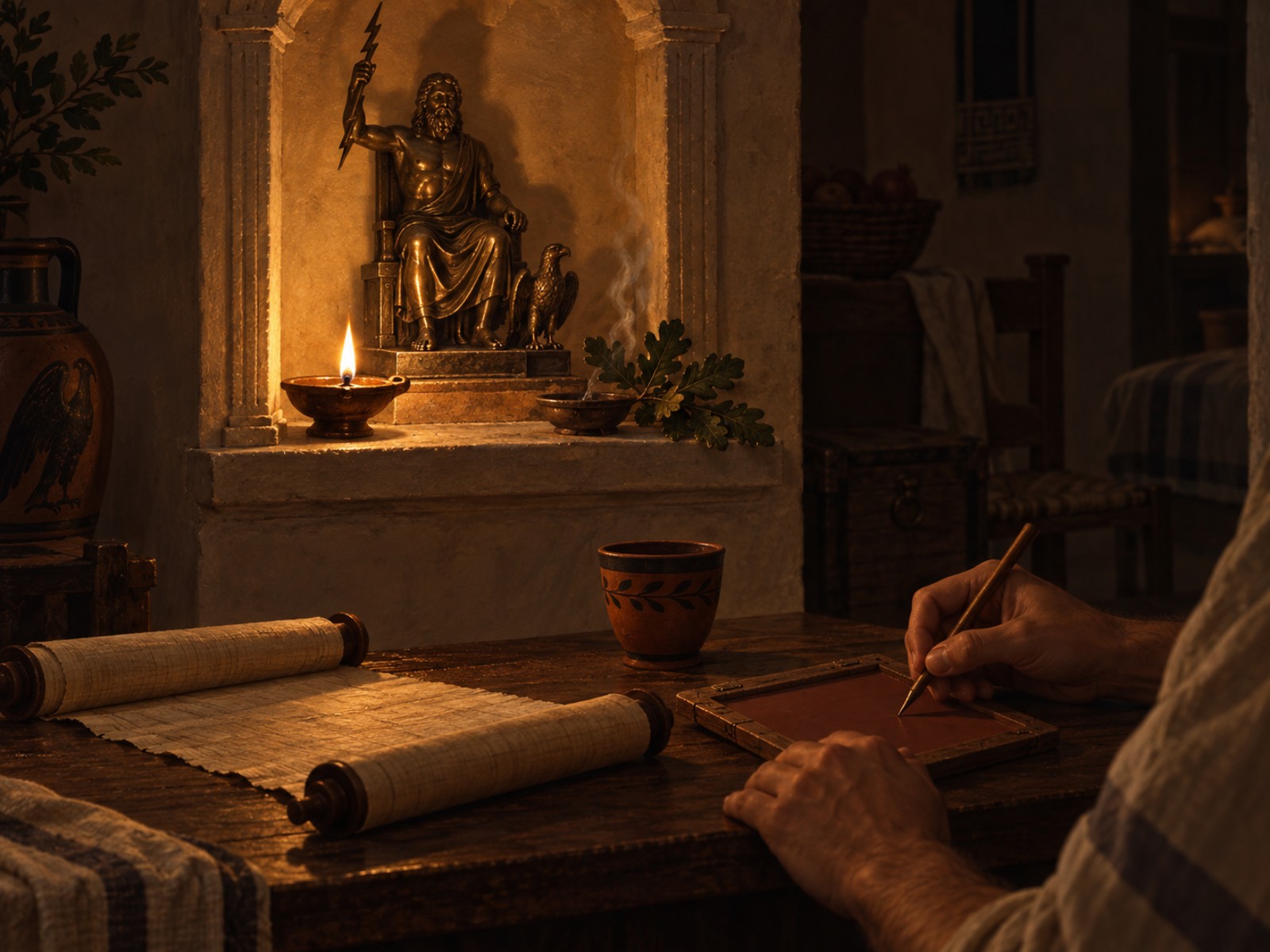 At evening, a hand with a stylus writes the day's review on a wax tablet before a small household shrine of Zeus lit by a single oil lamp, an open scroll and a sprig of oak beside it.