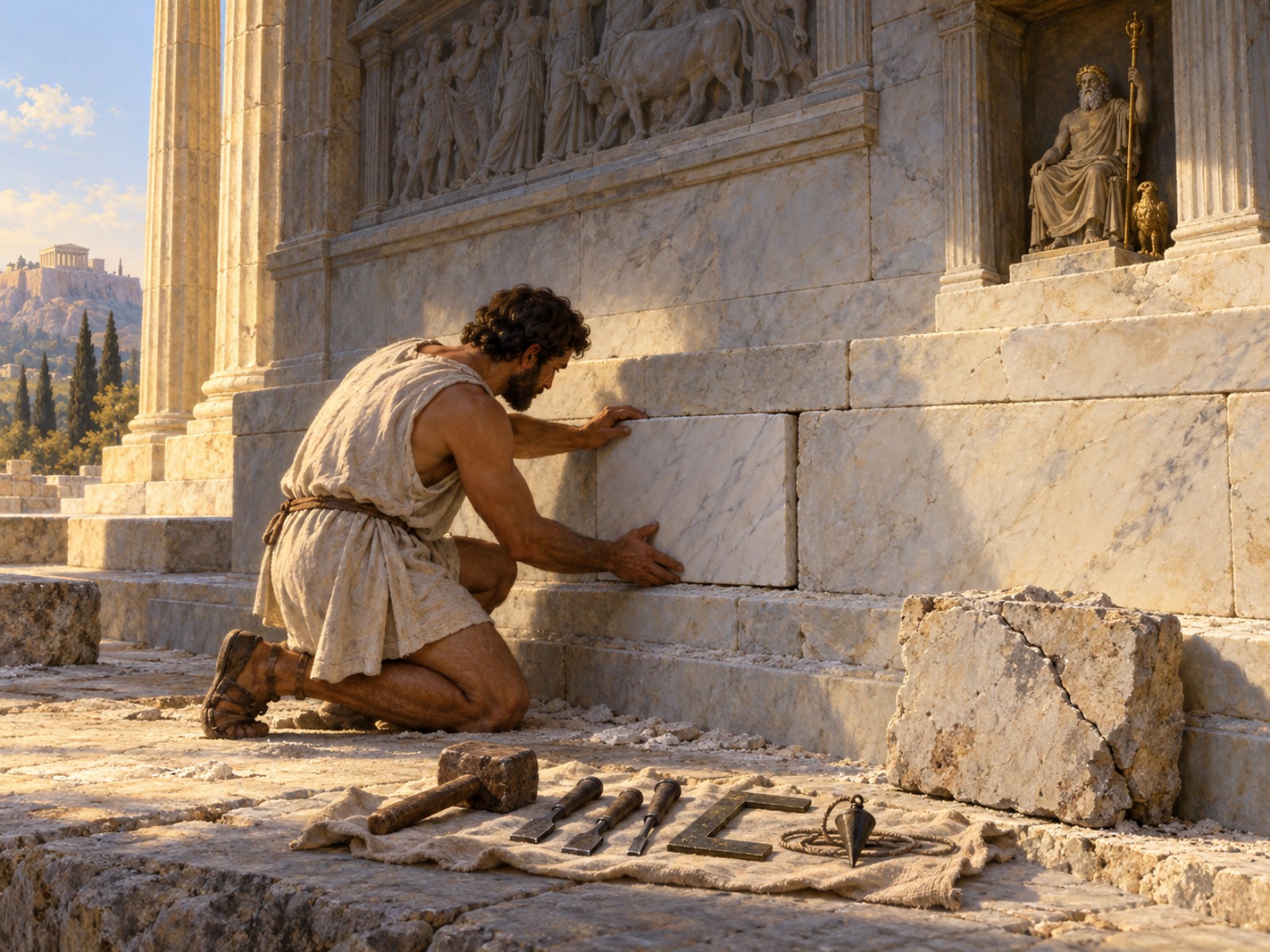 A stonemason kneels at the base of a temple wall in morning light, fitting a new marble block where a cracked one lay, his tools laid out in order and the new joint still visible.