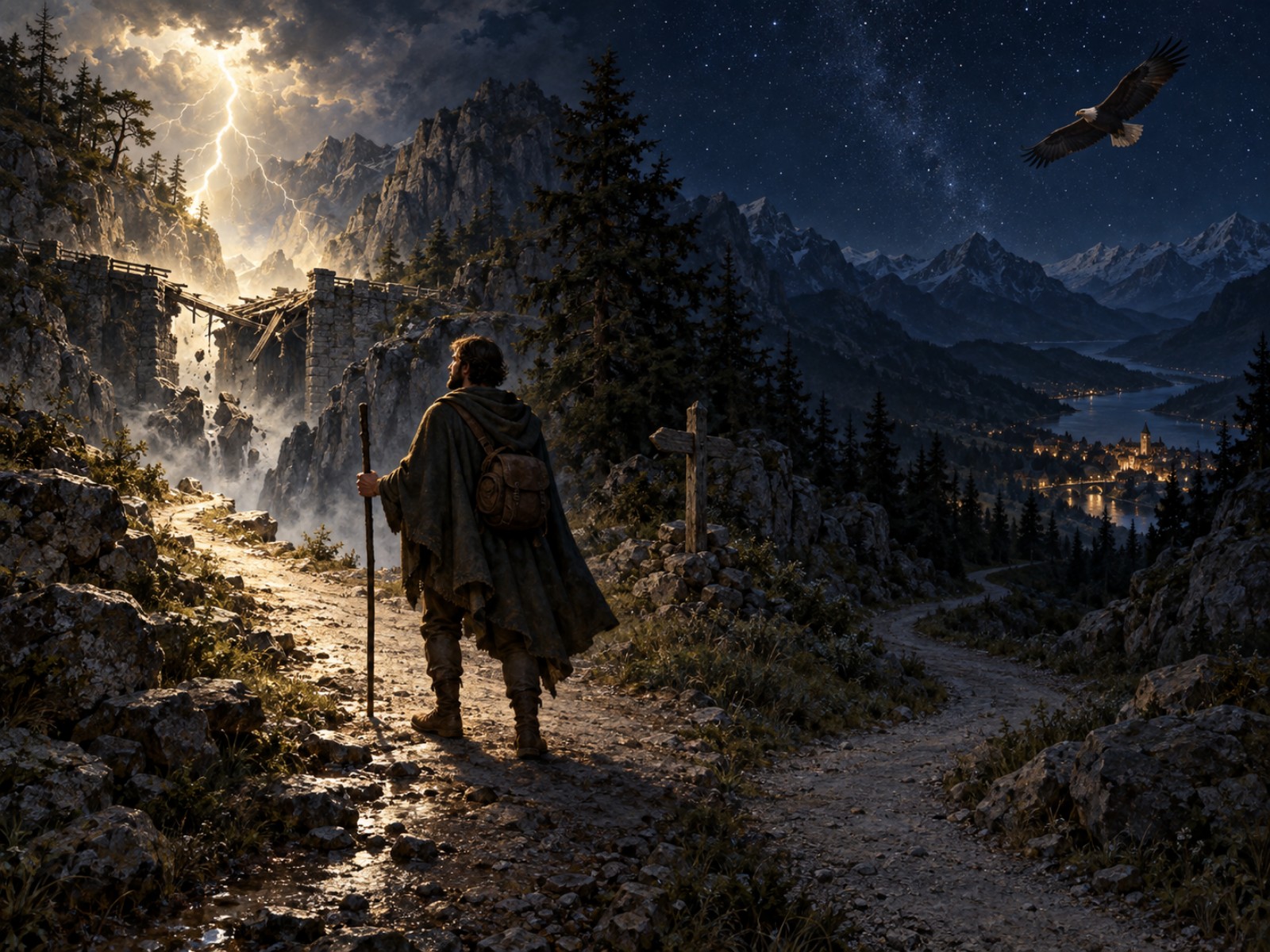 A lone traveler halts at a fork in a mountain road at night as a bolt of lightning reveals a collapsed bridge on one path, while an eagle circles above the other path leading down to a distant town.