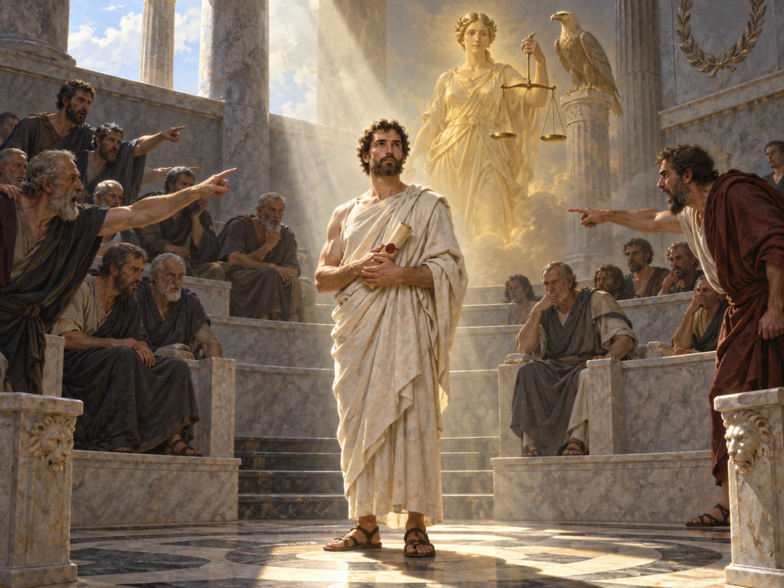A composed man holding a sealed roll of records stands before a semicircle of pointing accusers in an ancient court, while above him, unseen by them, Diké holds balanced scales and the eagle of Zeus perches on a column.