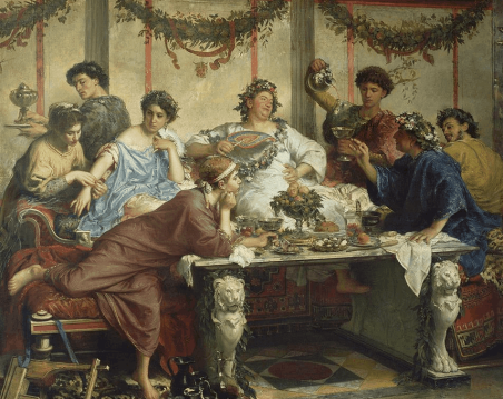 Roberto Bompiani, A Roman Feast (late 19th century) - guests reclining at a banquet