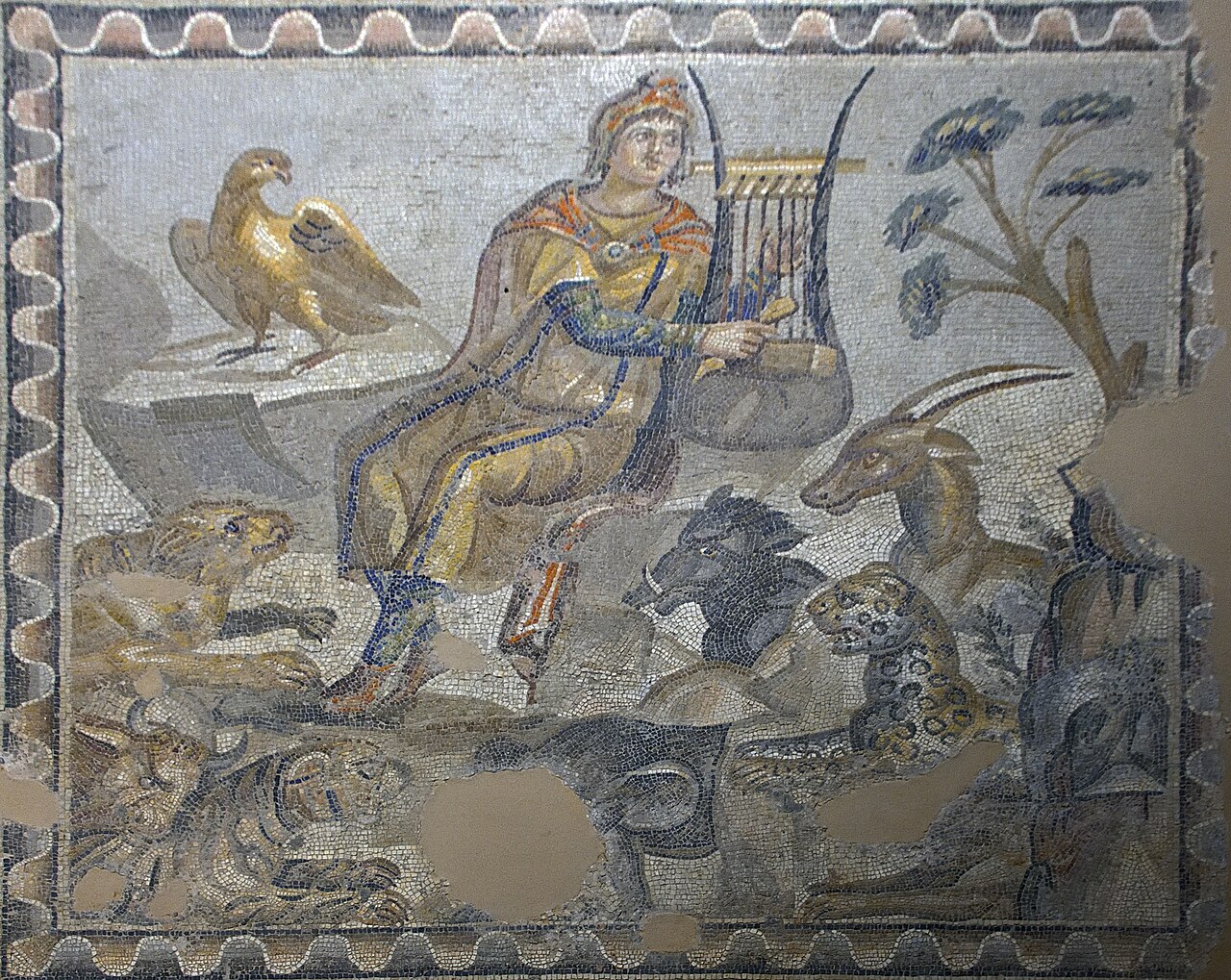 Roman mosaic of
        Orpheus
        charming animals with his lyre, Antakya Archaeological Museum