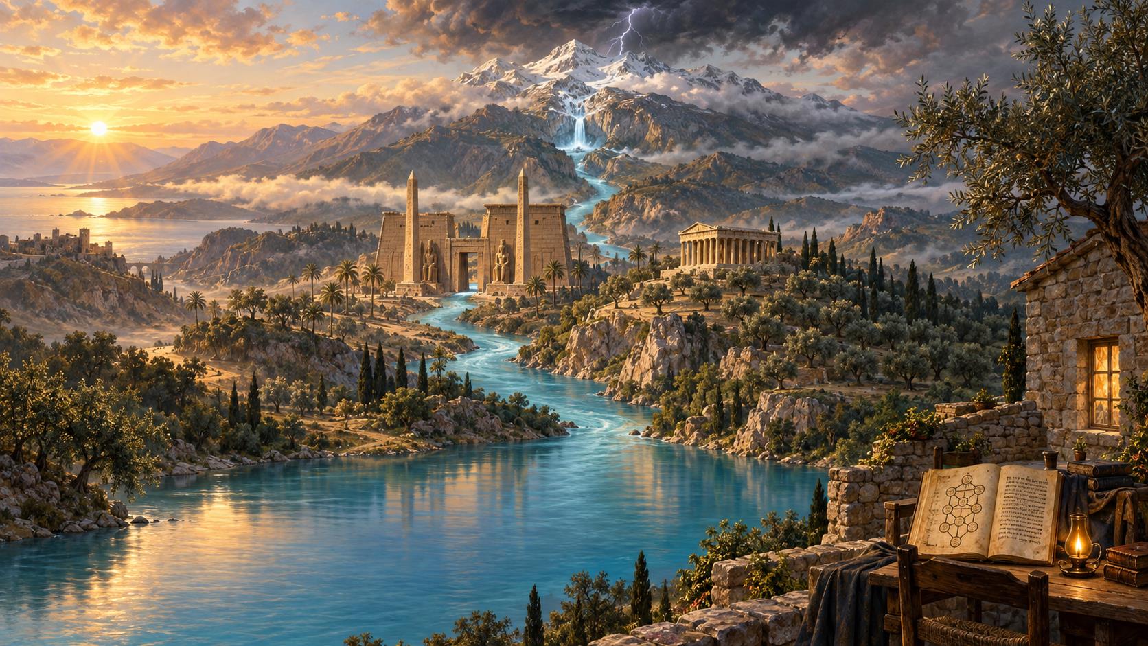 A river flowing from a mountain spring past an Egyptian temple and a Greek temple down to a still reservoir beside a medieval scholar's house.