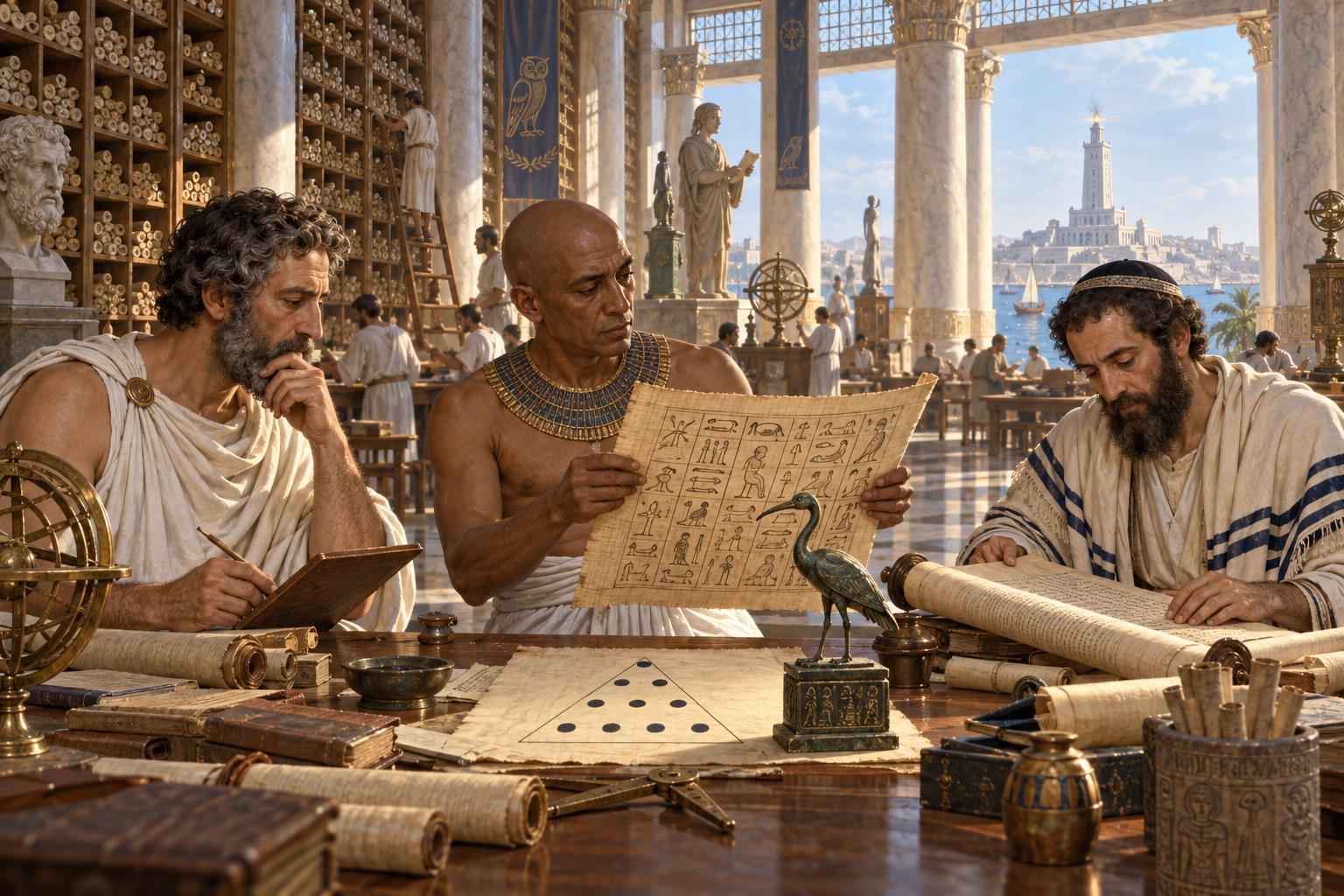 A Greek philosopher, an Egyptian priest, and a Jewish scribe studying together at a table in the Library of Alexandria, with the Pharos visible through the window.