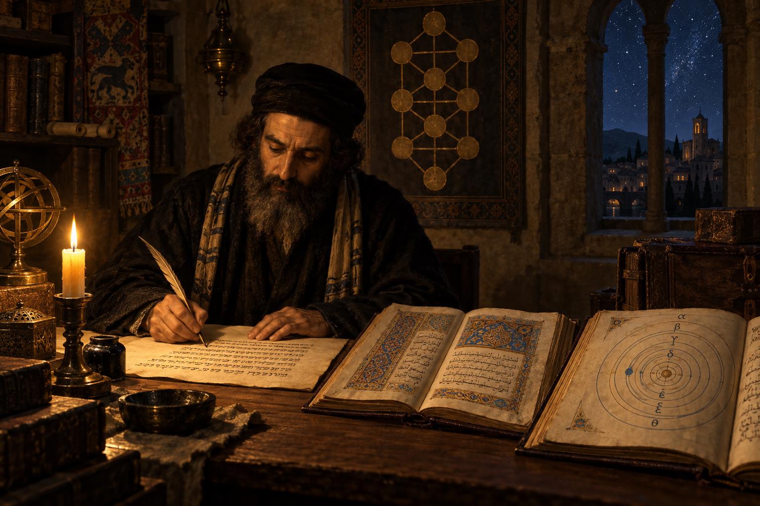 A 13th century Kabbalist writing at a candlelit desk with an Arabic manuscript and a Greek codex open beside his Hebrew page.