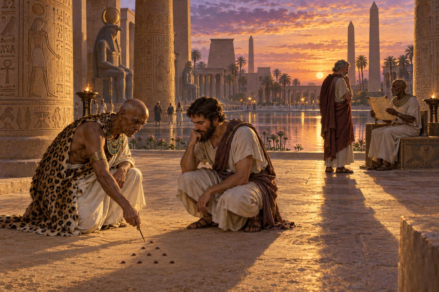 An Egyptian priest drawing a triangle of ten dots in the sand for a young Greek student in a temple courtyard at sunset, while Solon listens to a second priest nearby.