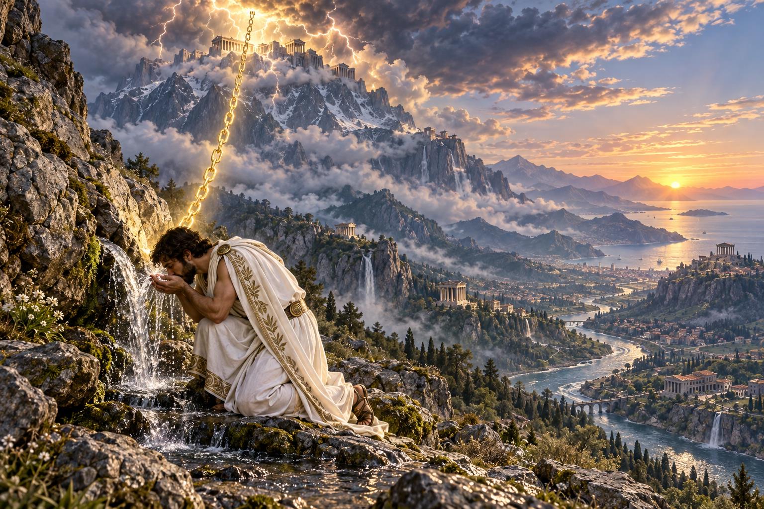 A Hellenic priest drinking from a mountain spring beneath a storm-lit Olympus, with a golden chain descending from the clouds and the river winding away into the valley below.
