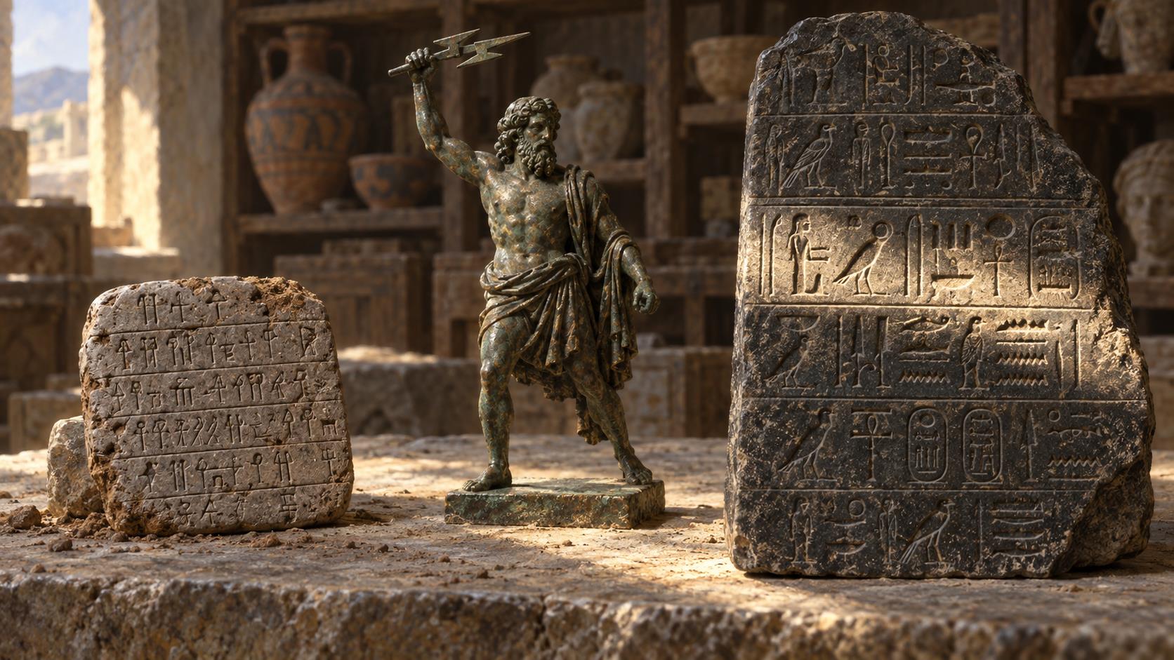 A Mycenaean Linear B clay tablet and an Egyptian granite stele fragment side by side on a stone table, with a bronze figurine of Zeus holding a thunderbolt between them.
