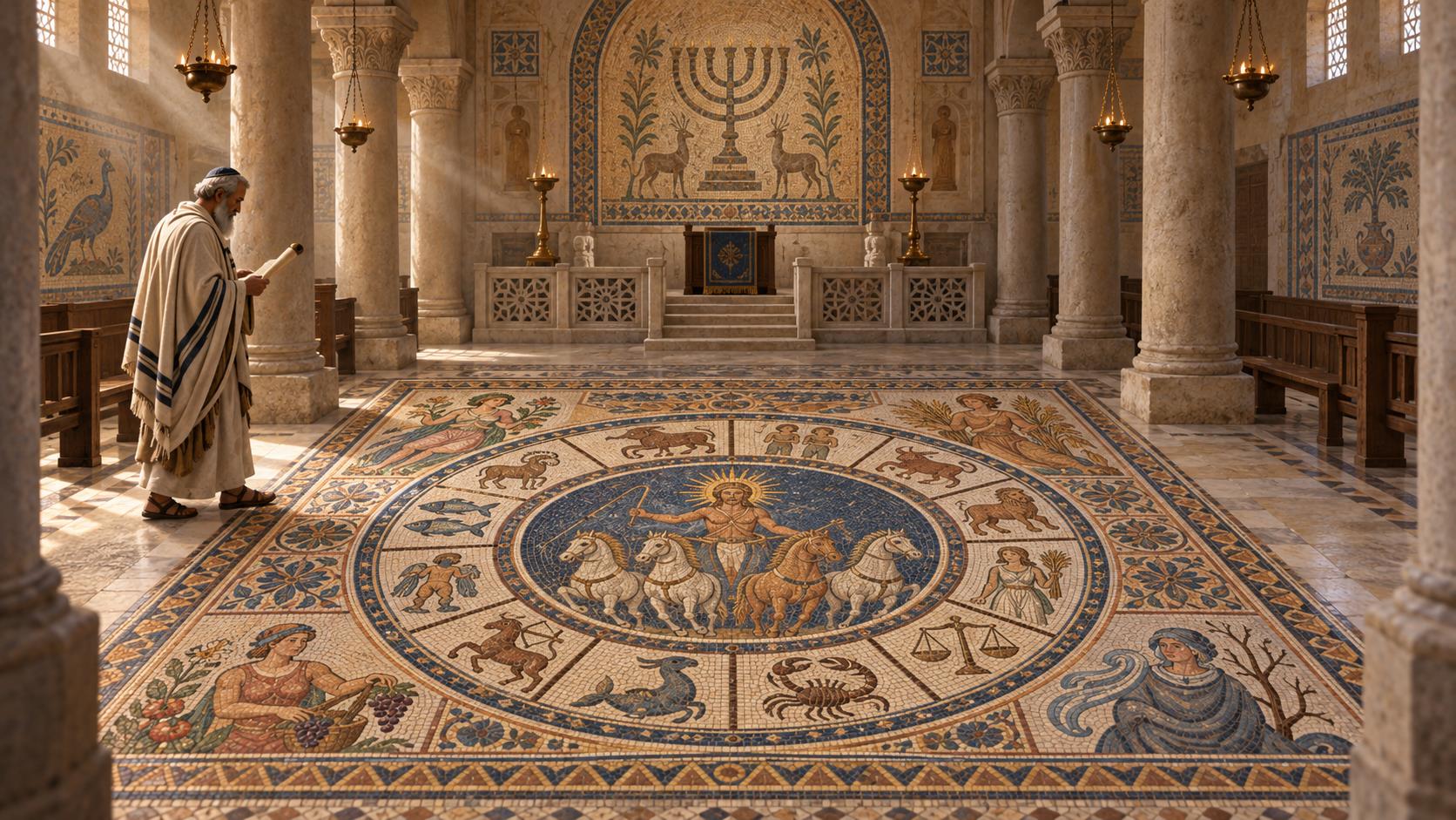 A 5th century Galilean synagogue interior whose mosaic floor shows the zodiac ring with a sun-God in a 4-horse chariot at its centre.