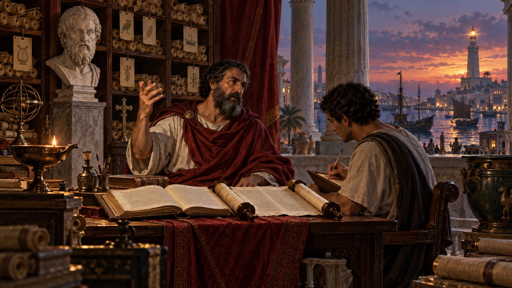 A 2nd century Alexandrian scholar dictating to a scribe in a scriptorium filled with Greek scrolls, a bust of Plato behind him and the Pharos visible through the colonnade.