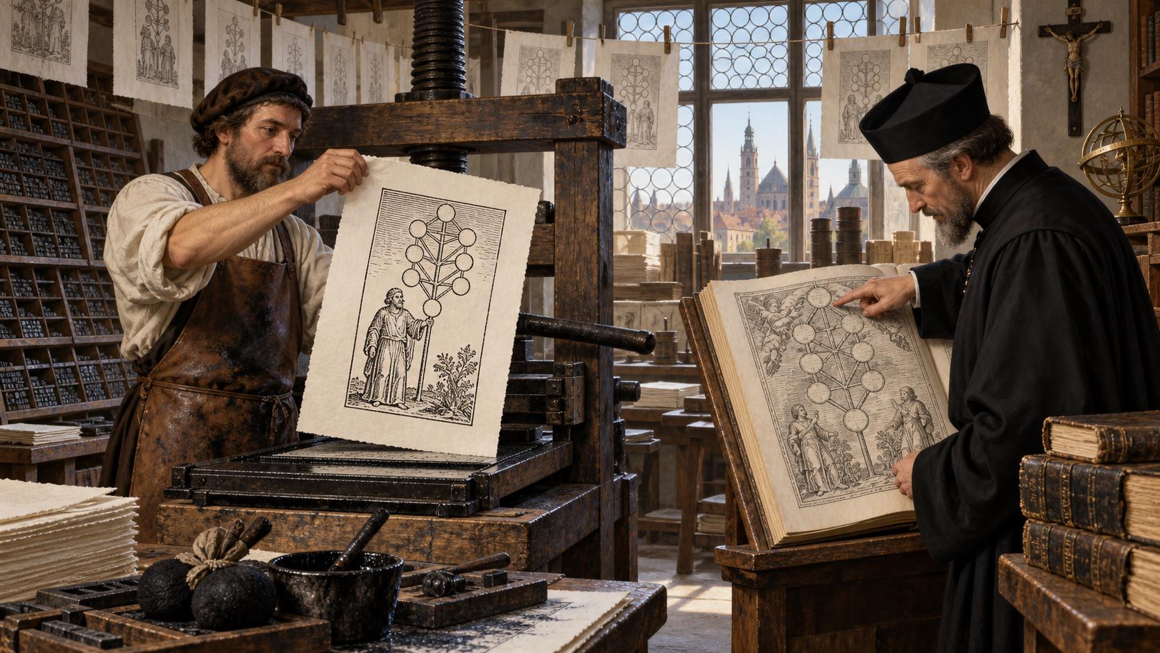 A 16th century printing workshop where a printer holds a title page bearing a woodcut of the sefirotic tree while a Jesuit scholar studies an engraved version in a folio.
