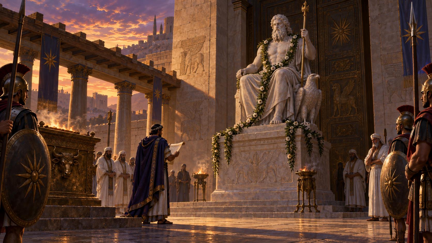 A marble statue of a seated bearded God with a sceptre and eagle installed on a plinth in the inner court of the Jerusalem Temple, watched by Greek soldiers and priests at dusk.