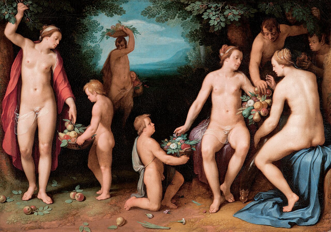 Mythological figures gather fruit around an abundant horn in a richly coloured wooded landscape.