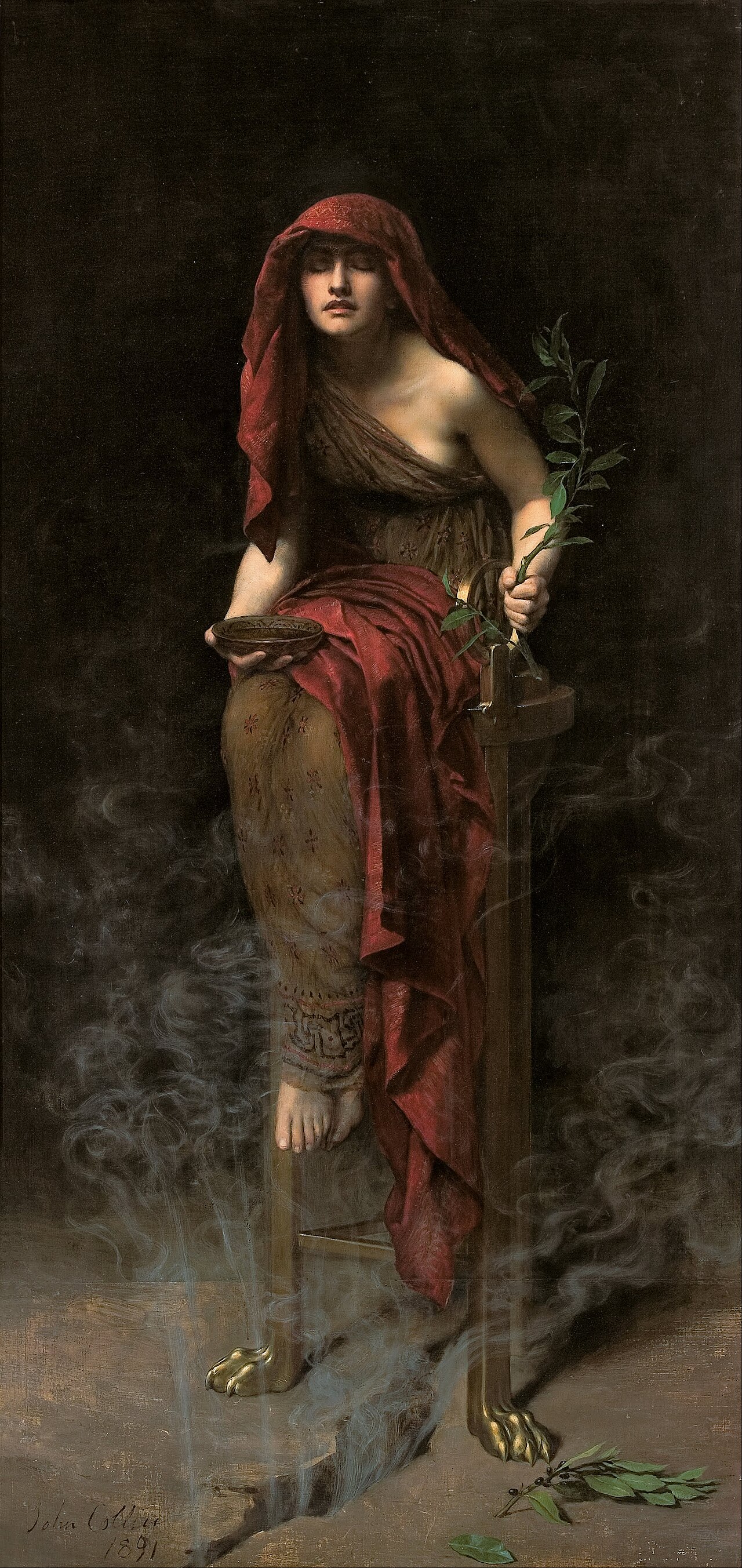 John Collier's full-length painting of the Pythia in red drapery seated on a tall tripod, holding a bowl and laurel branch.
