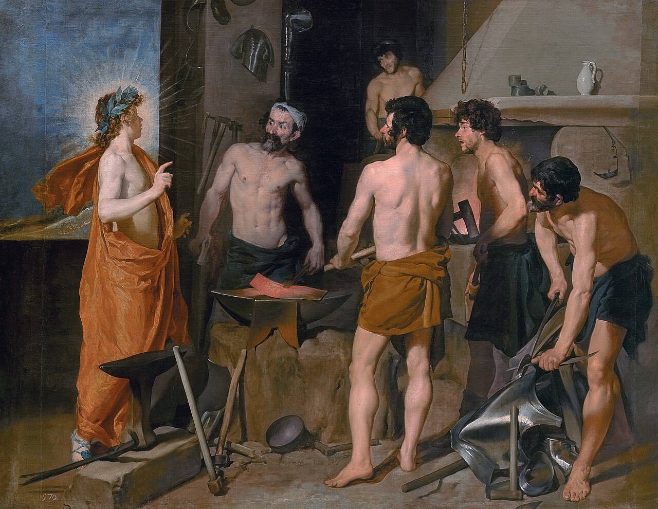 Apollo addresses Vulcan and his workers around a central anvil, with hammers, armour, and the forge visible.