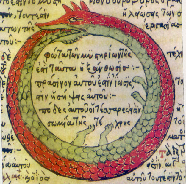 Circular serpent biting its own tail in a Greek alchemical manuscript