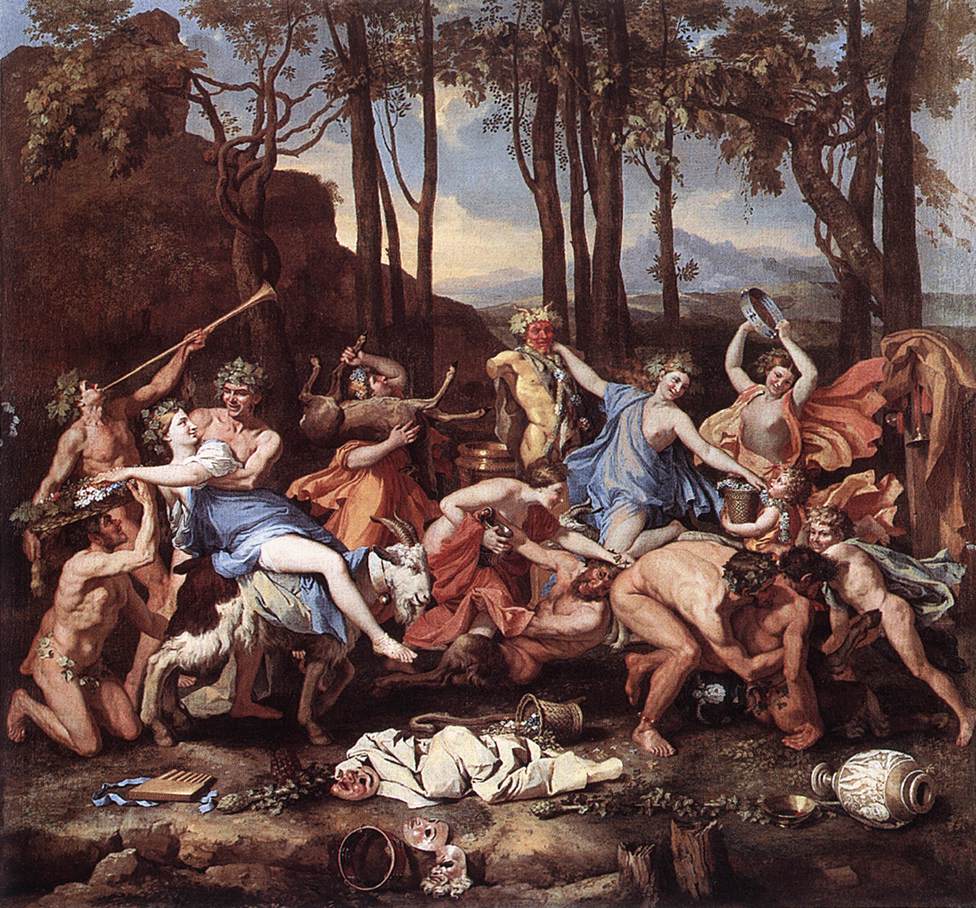 A full mythological painting showing revelers, musicians, and goats celebrating before an image of Pan in a wooded landscape.