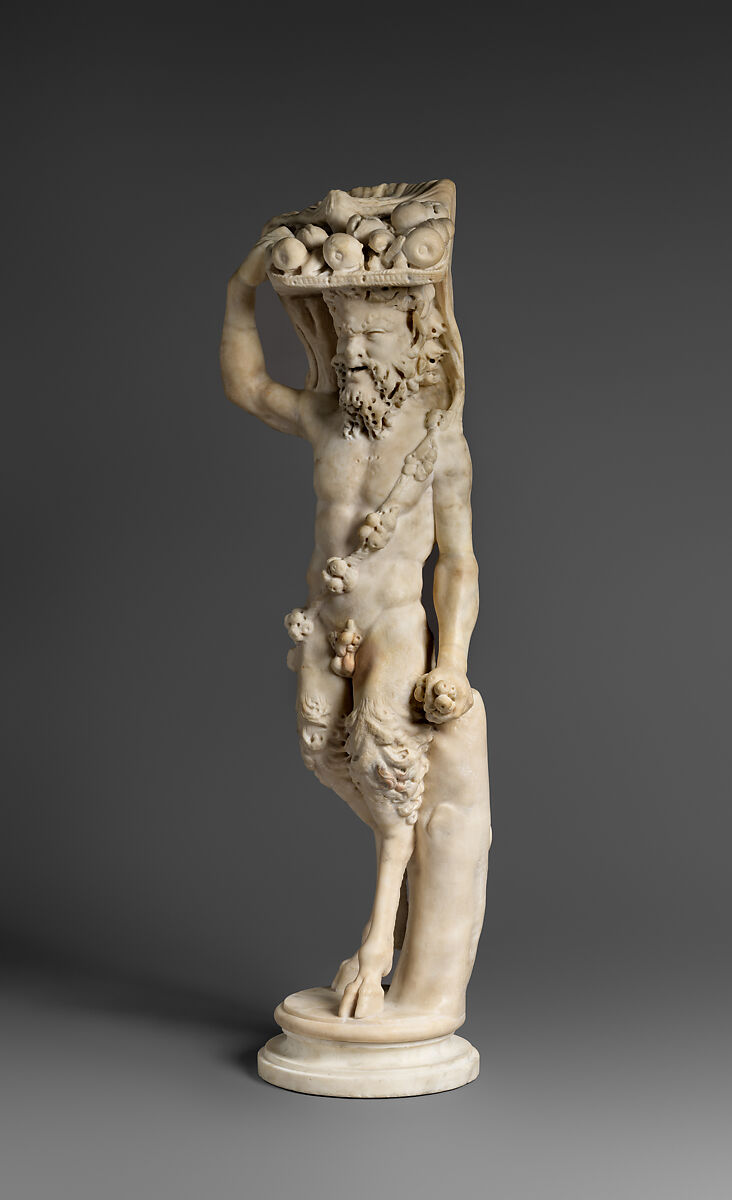 Roman marble figure identified as Pan or a satyr, carrying a basket of offerings.