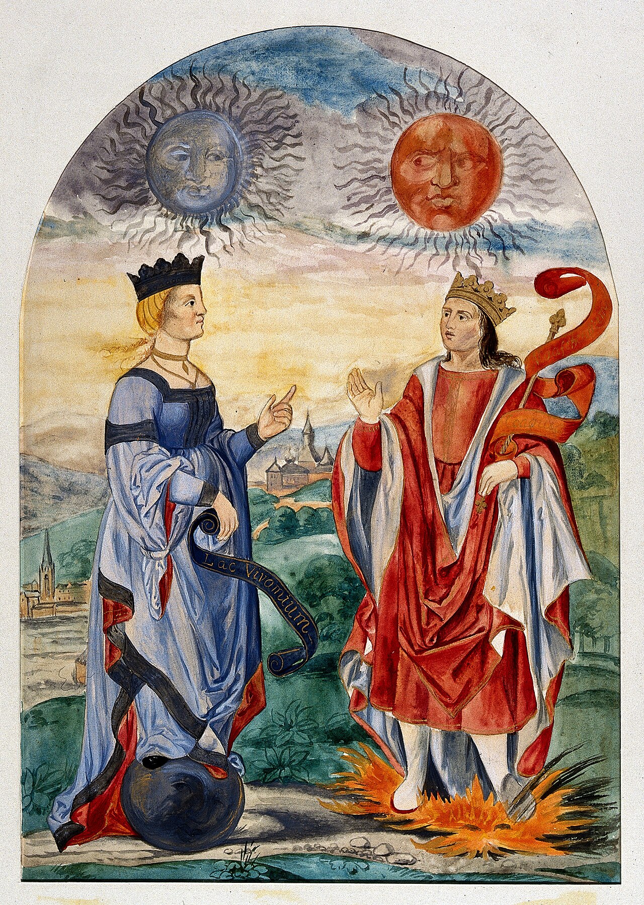 An illuminated alchemical scene with a blue-robed queen under the Moon and a red-robed king under the Sun.