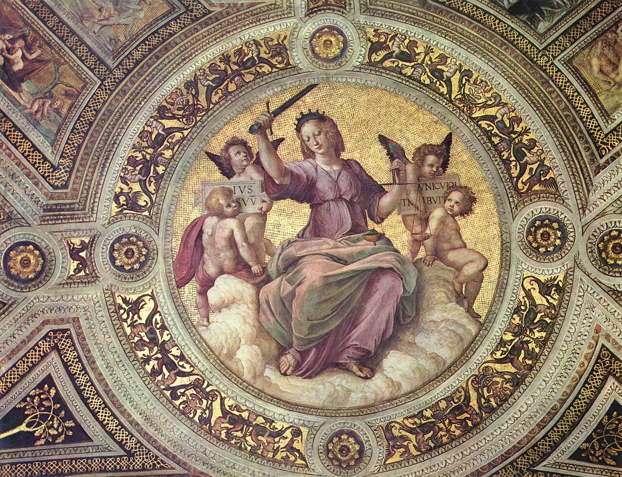 Raphael’s seated Justice holds a sword and balanced scales within a complete golden circular frame, surrounded by attendant figures.