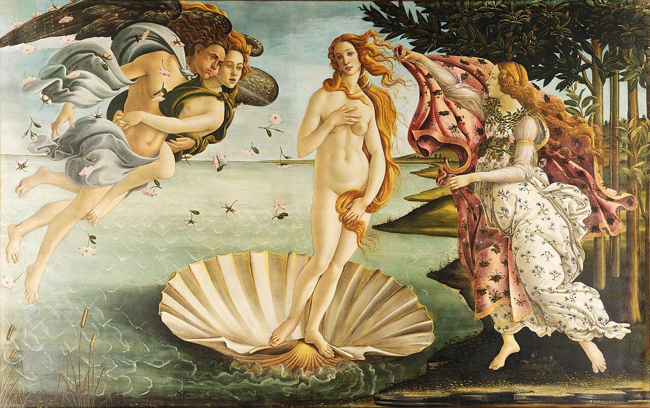 Botticelli’s Venus stands on a great open scallop shell, with winds to the left and a flower-robed receiving figure on shore.