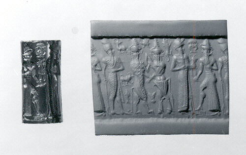 Old Babylonian cylinder seal and its modern impression showing a worshipper before Shamash.