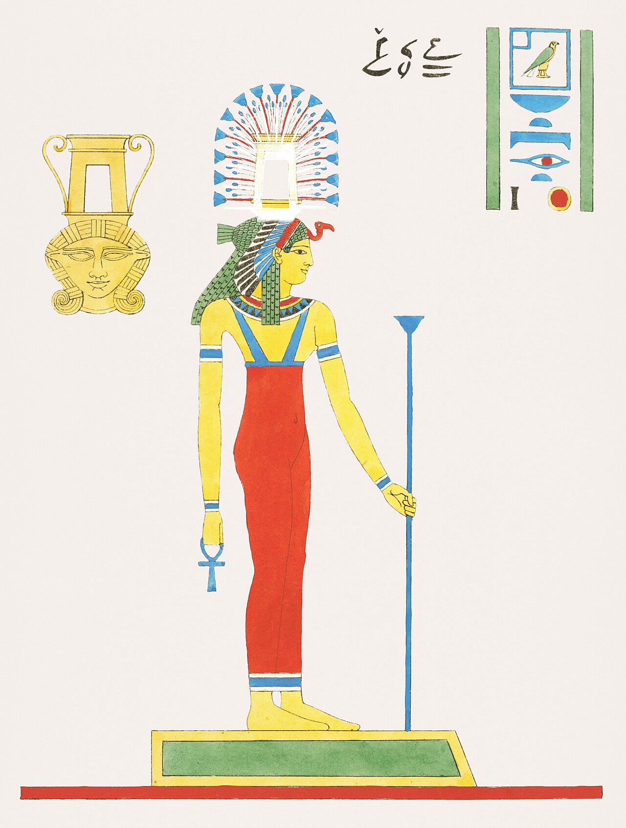 Full-length coloured illustration of Hathor holding an ankh and papyrus sceptre, with a golden sistrum-shaped Hathoric emblem at upper left.