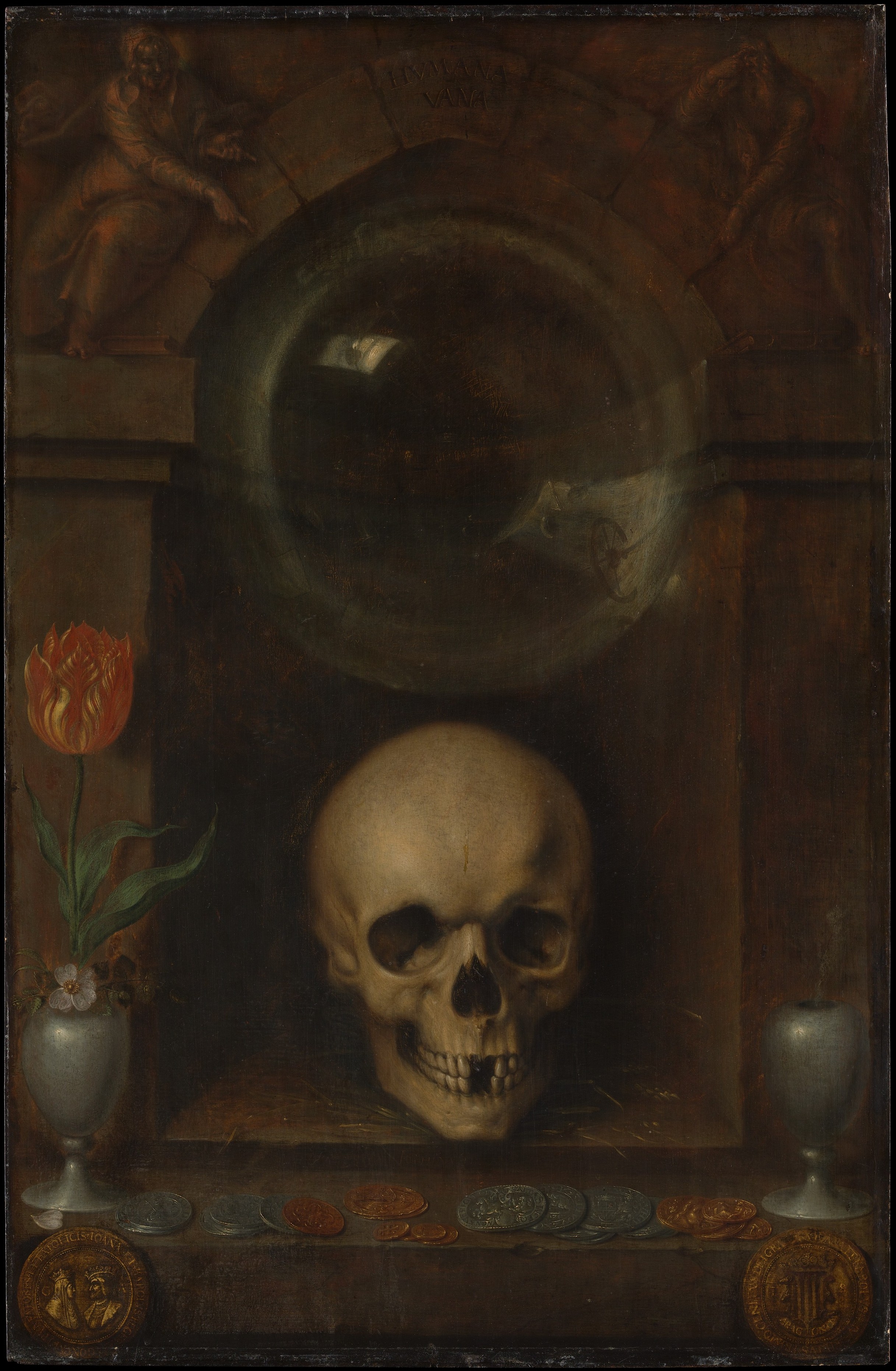 Vanitas painting with a human skull below a large bubble and architectural niche