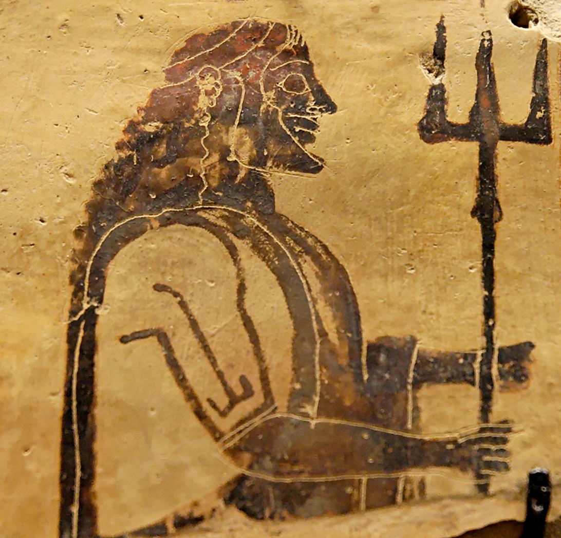 Ancient painted plaque showing Poseidon holding a three-pronged trident.
