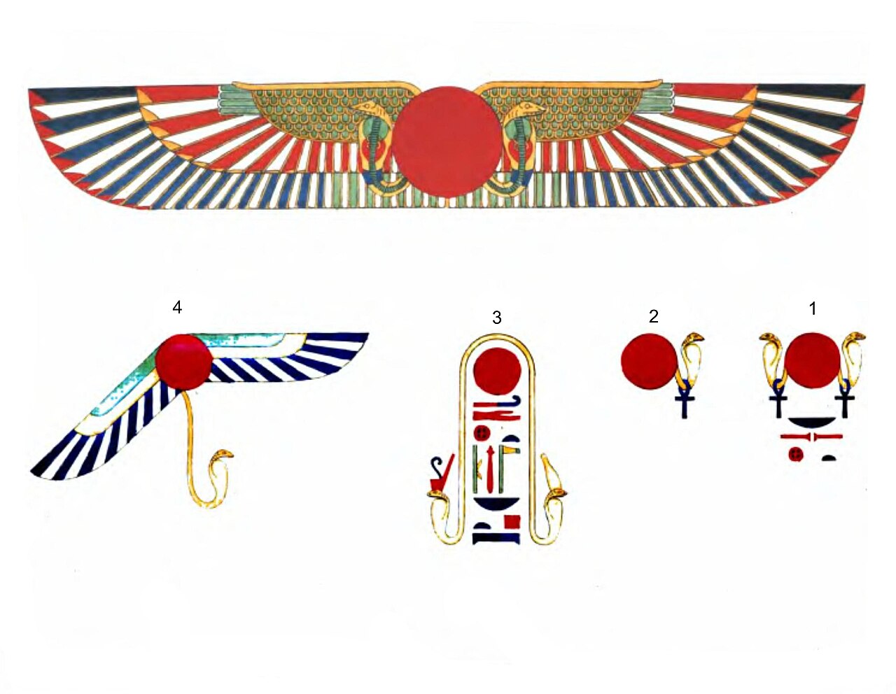 Colored plate with a red winged solar disk and paired cobras above four related Egyptian solar and serpent forms.