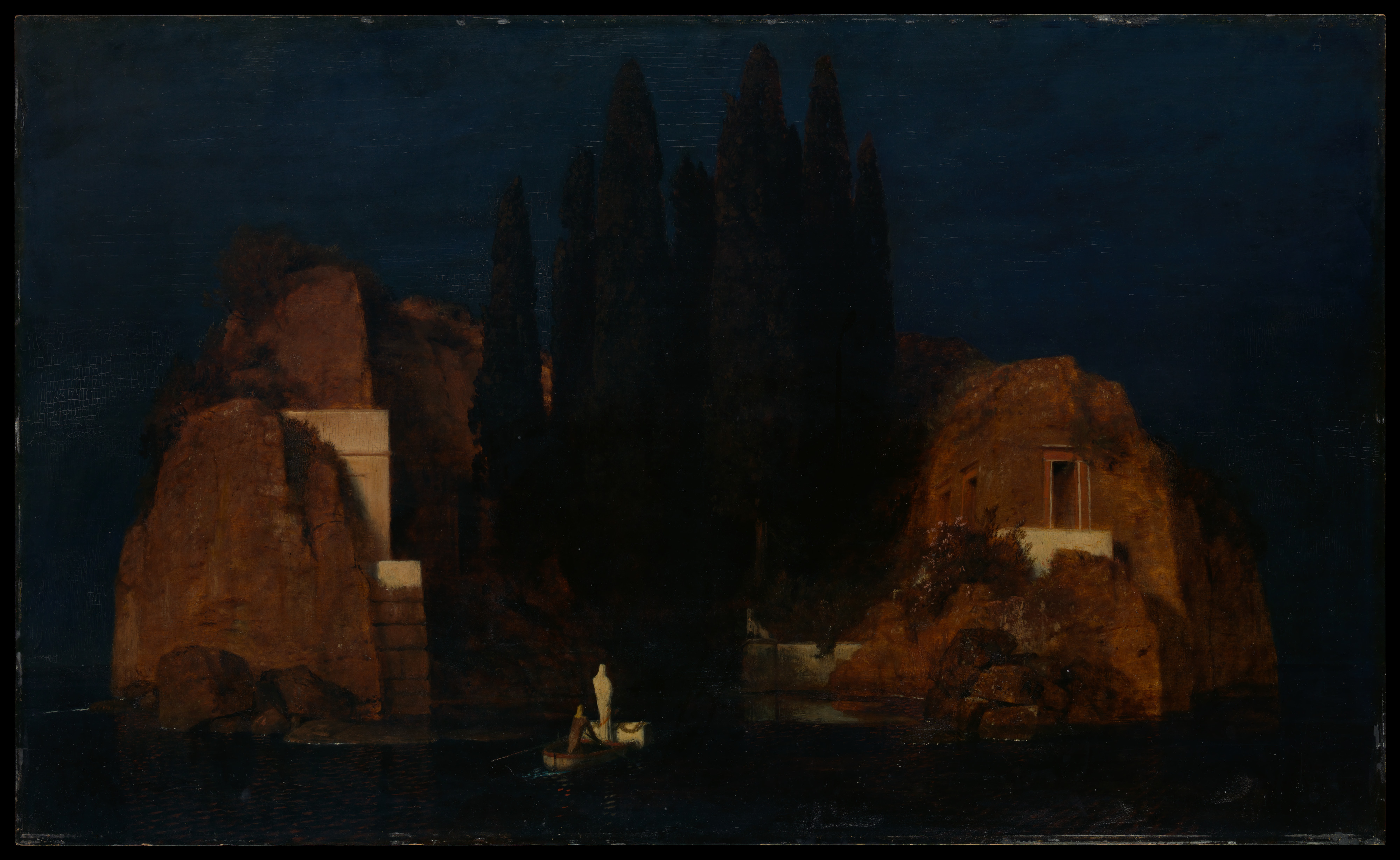 A boat bearing a shrouded figure approaches a rocky island planted with cypresses.