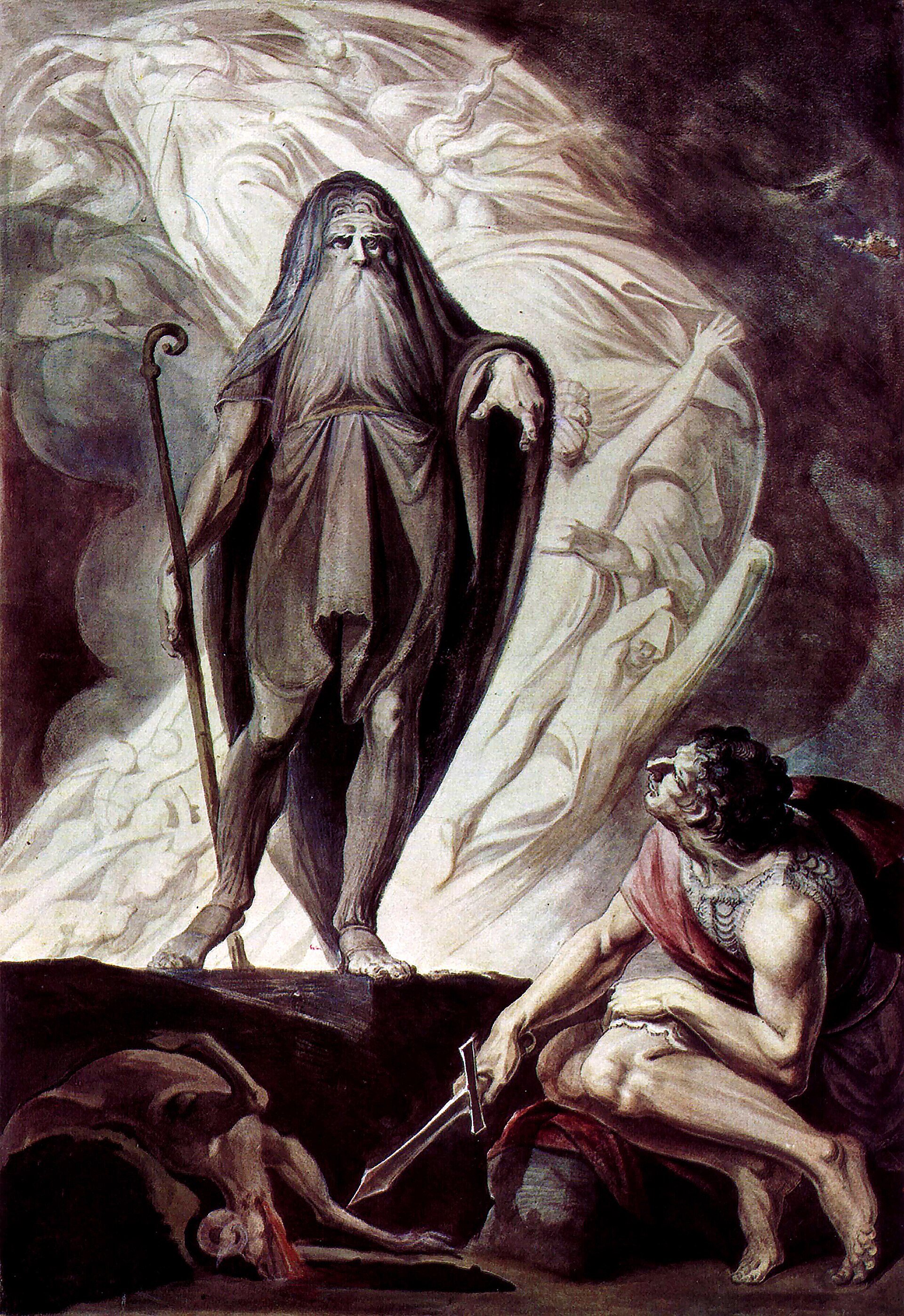 Tiresias rises in a white robe before Odysseus in Fuseli’s interpretation of the Nekyia.