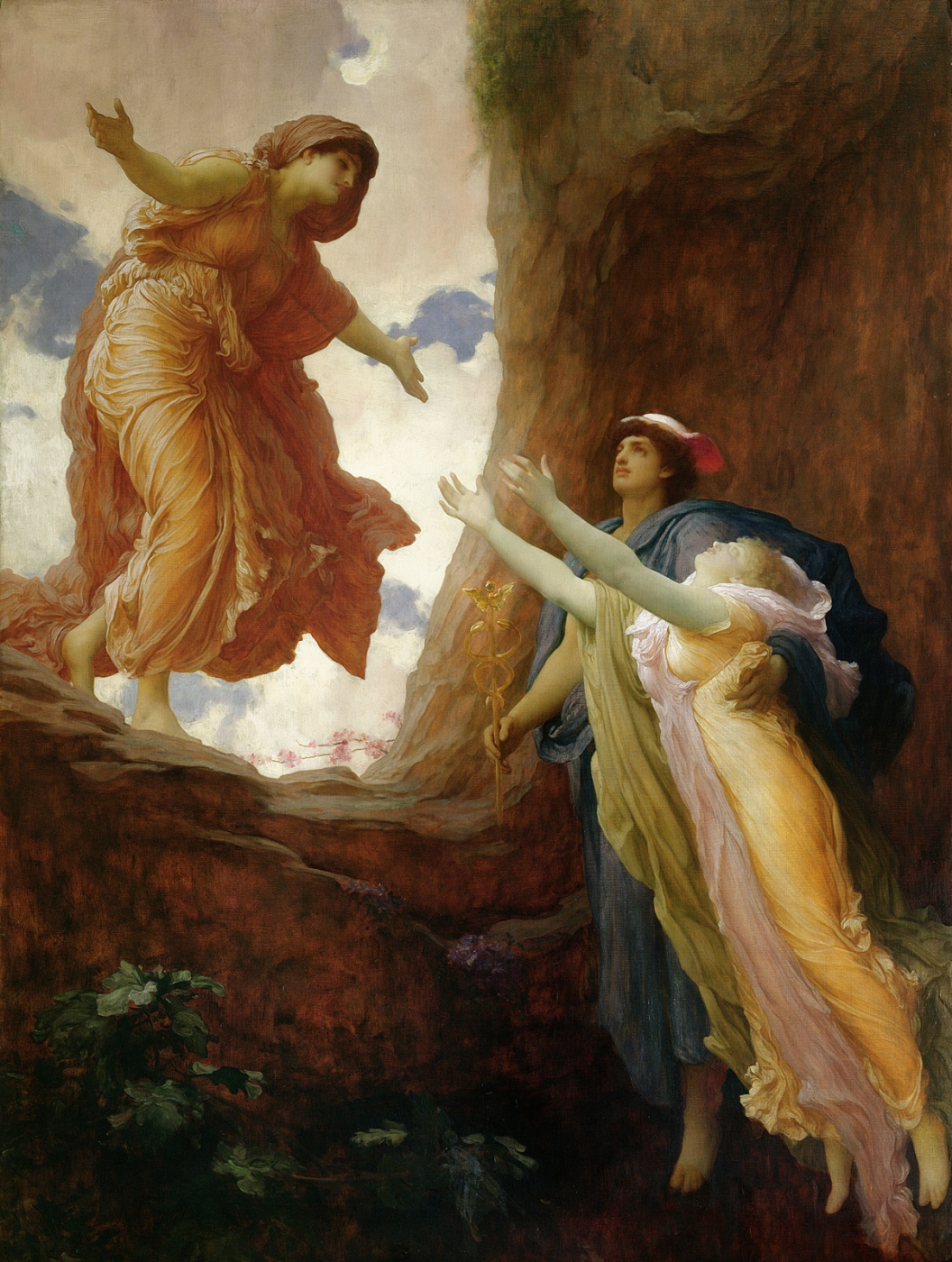 Persephone rises from the underworld with Hermes toward the outstretched arms of Demeter.