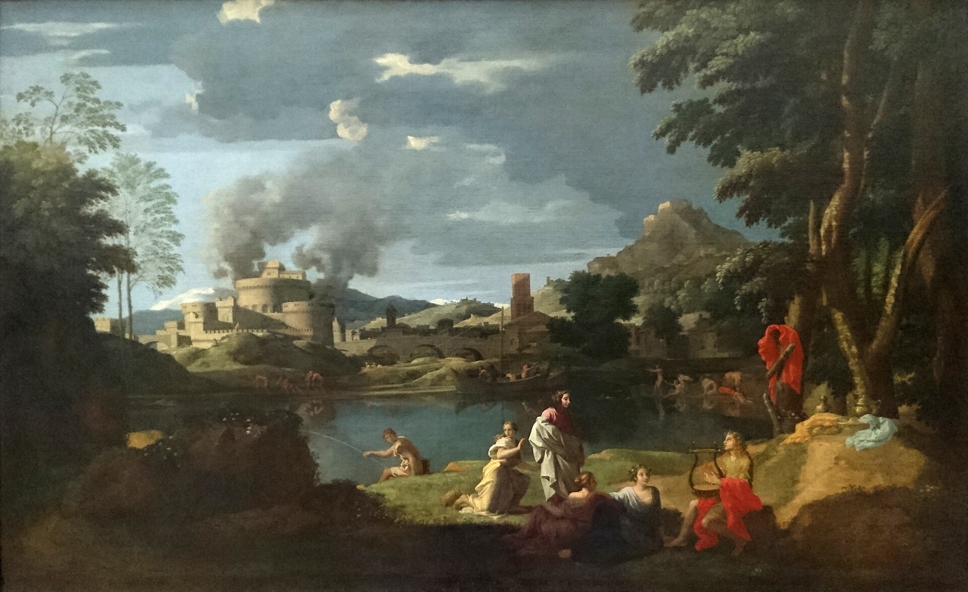 A wooded river landscape with Orpheus playing the lyre and Eurydice nearby.
