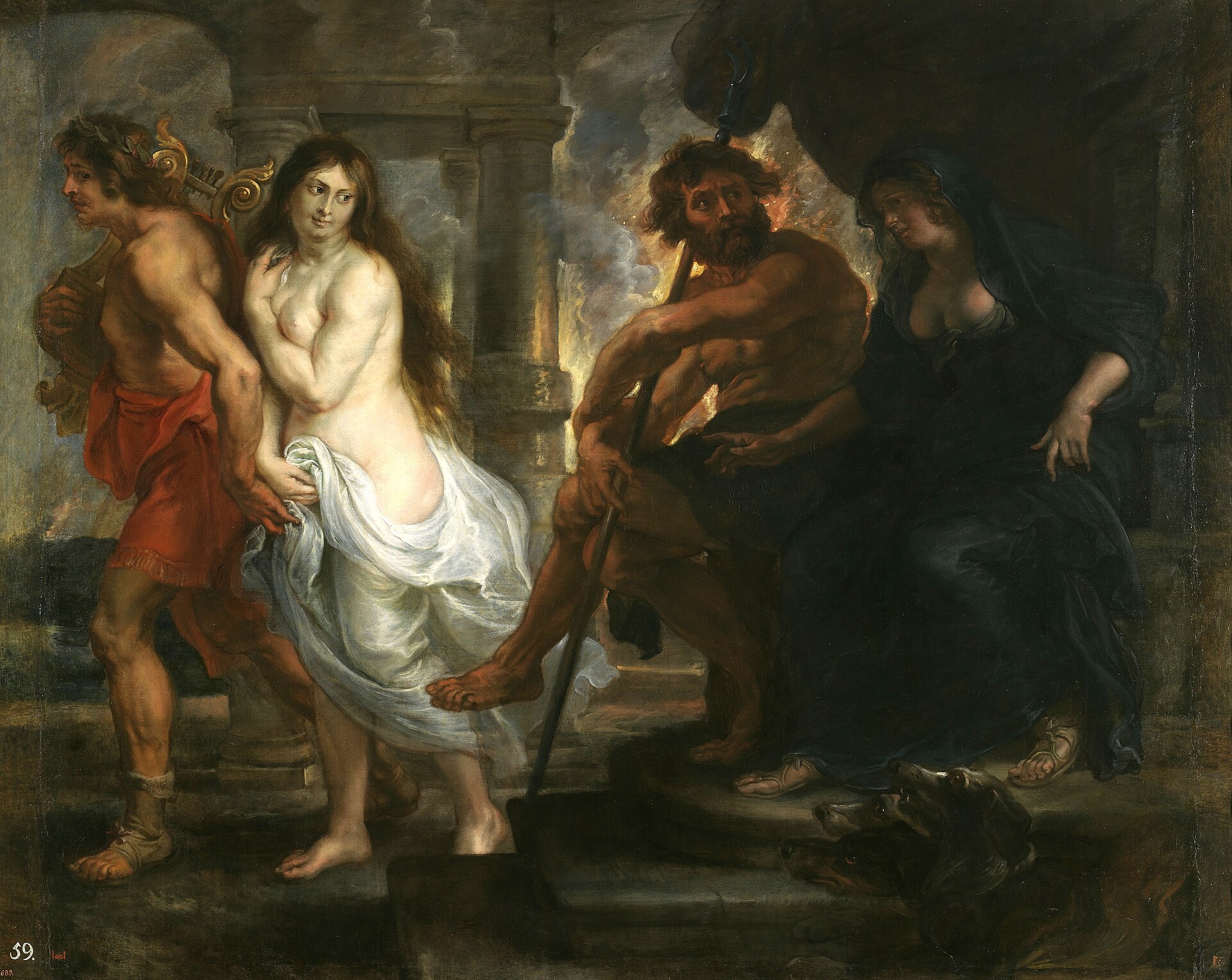 Orpheus leads Eurydice from the presence of Pluto and Persephone.
