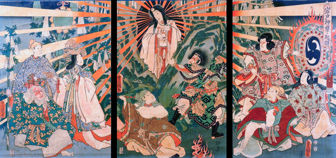 Amaterasu emerging from the cave, woodblock print, 1856