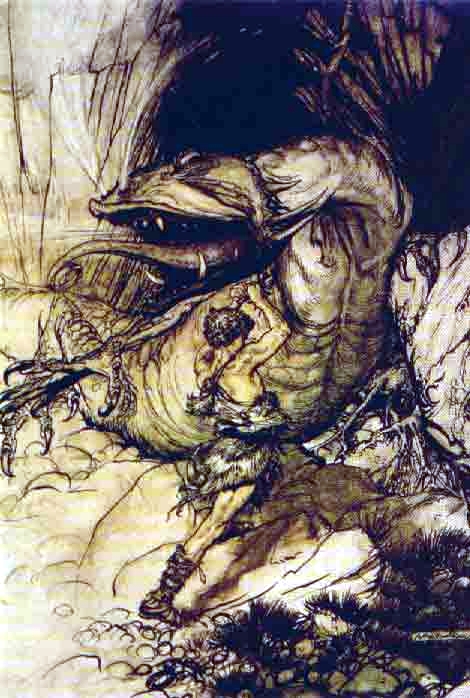 Sigurd kills Fafnir by Arthur Rackham