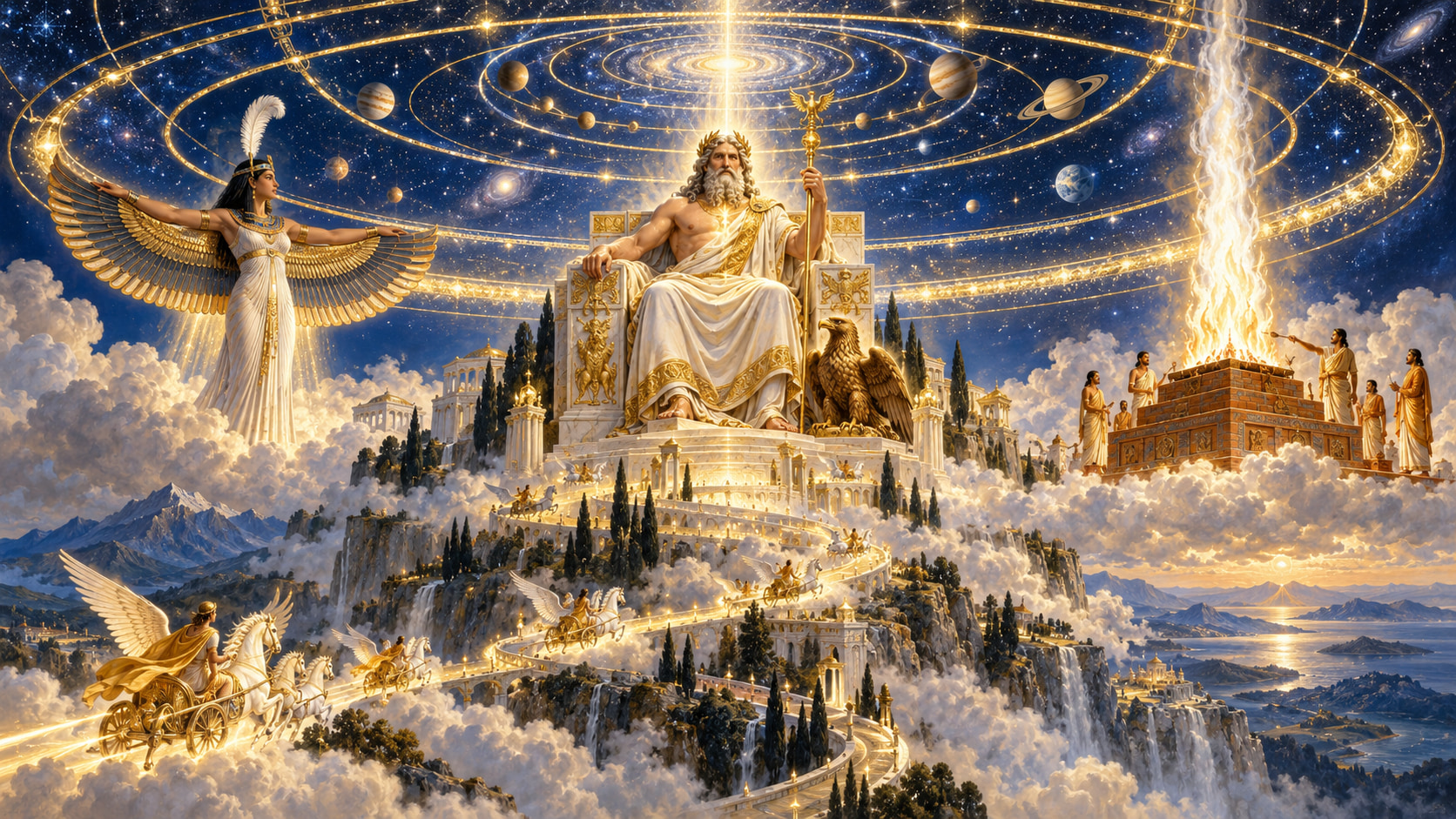 Zeus enthroned on a mountain summit beneath ordered rings of starlight, with Ma'at on one side, a Vedic fire altar on the other, and winged chariots climbing toward the throne.