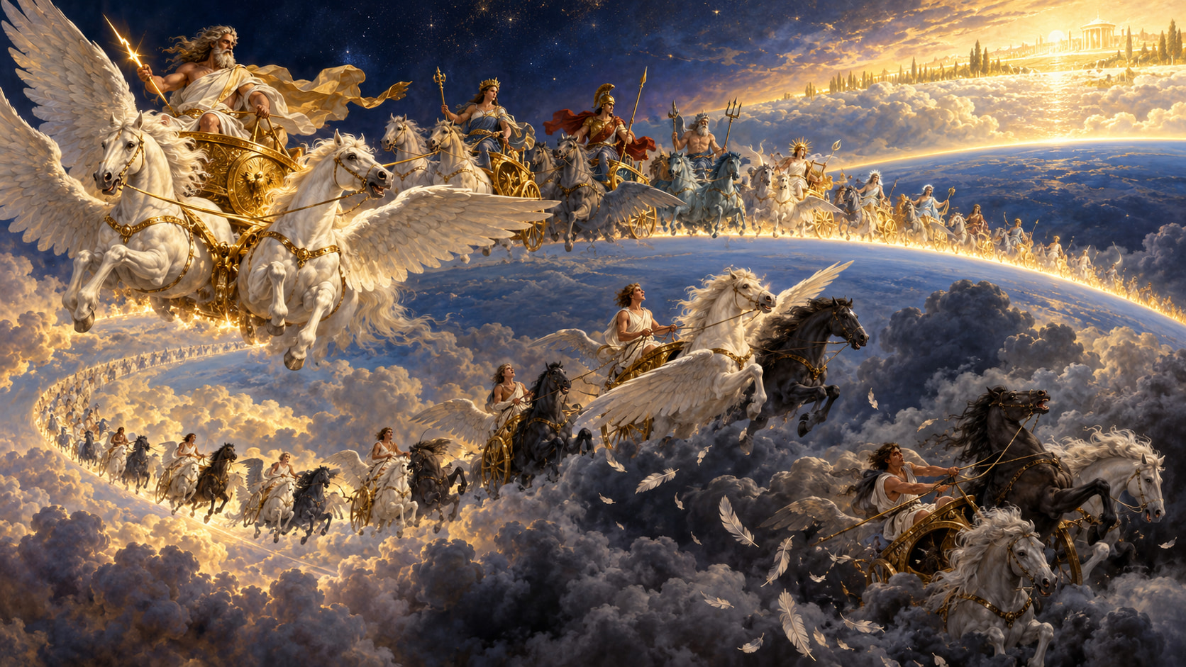 Winged chariots cross the vault of the sky behind Zeus in his golden car; some human souls rise above the rim of heaven while others sink, shedding feathers.