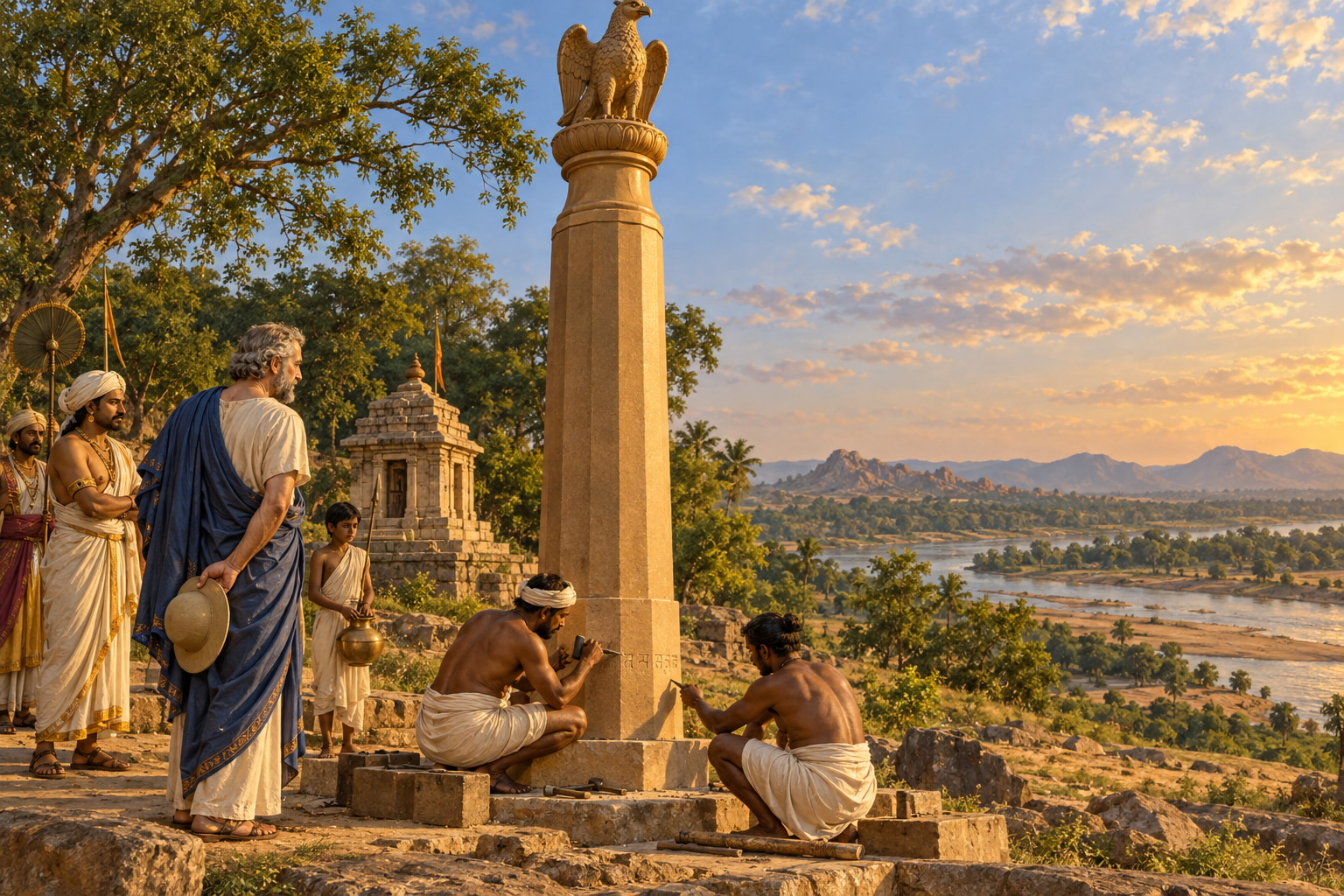 A Greek envoy watches Indian stonemasons carve an inscription into a tall stone column crowned with a Garuḍa capital, in a green landscape at golden hour.